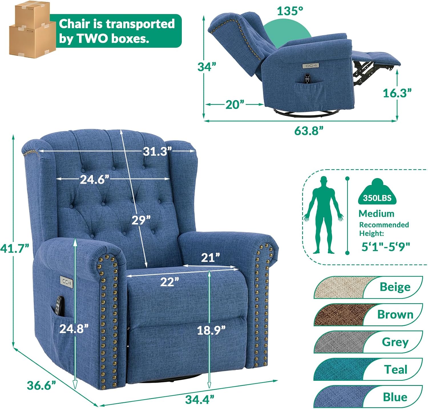 VIVIJASON Power Swivel Rocking Recliner Chair with Massage & Heat, Electric Rocker Glider Chair for Nursery, Wingback Tufted Upholstered Recliner W/Type-C & USB Ports for Living Room, Bedroom, Blue