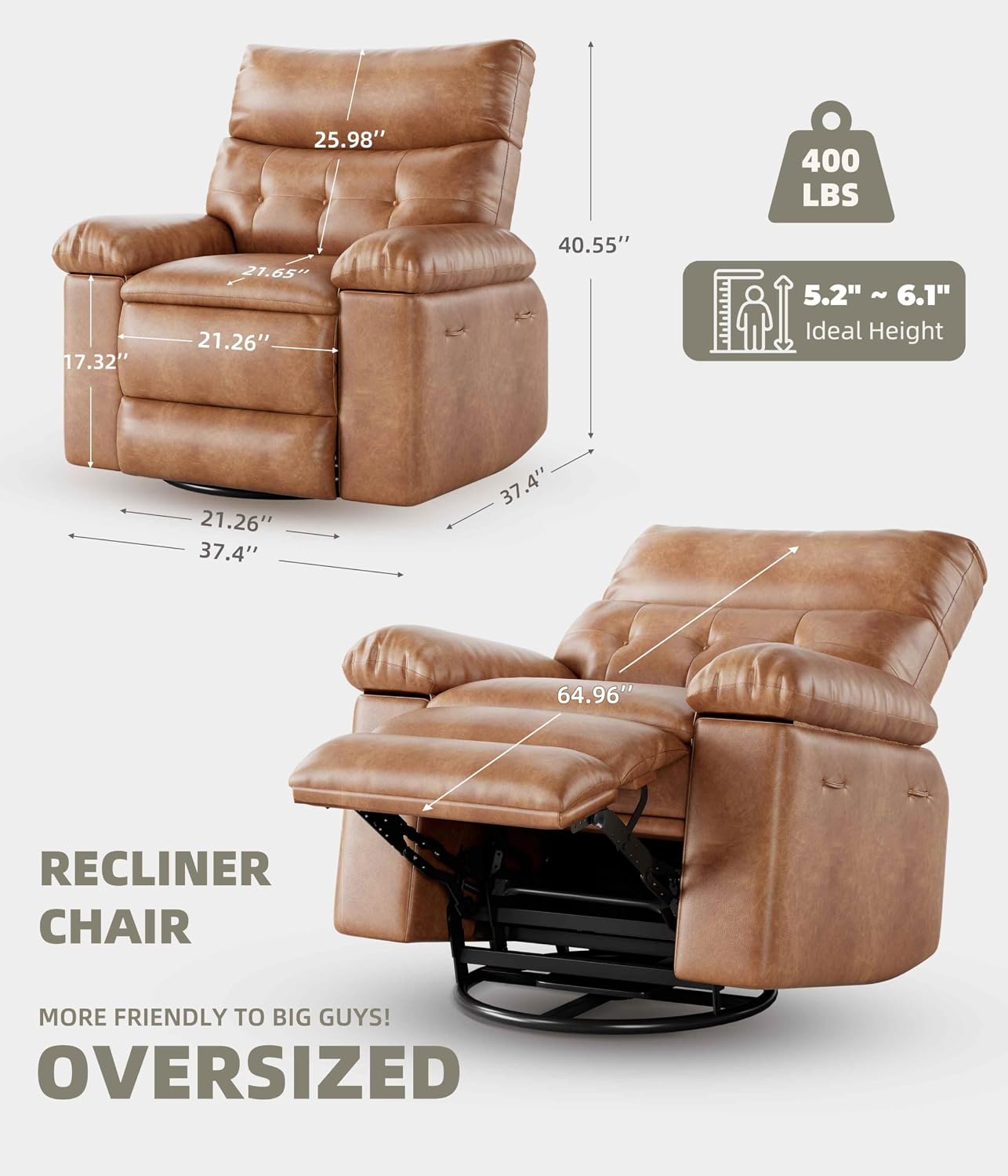 GarveeHome Leather Recliner Chair - Heat and Massage, Swivel Rocker Manual Recliner for Adults, Lazy Rocking Chair with Comfort Arms and Back Single Sofa for Living Room
