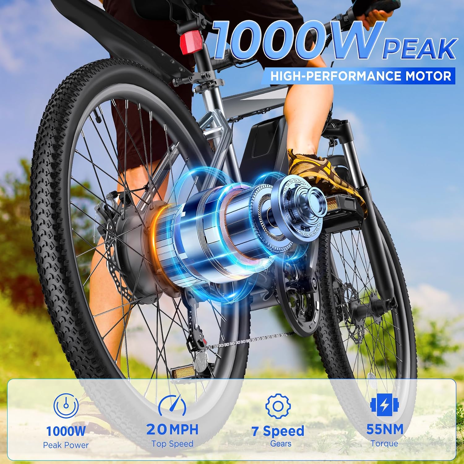 Electric Bike for Adults, 26' Ebike with 1000W Peak Motor, 20MPH 50Miles Electric Mountain Bike with 48V Removable Battery, 7-Speed, Front Suspension, LCD Display, UL 2849 Certified