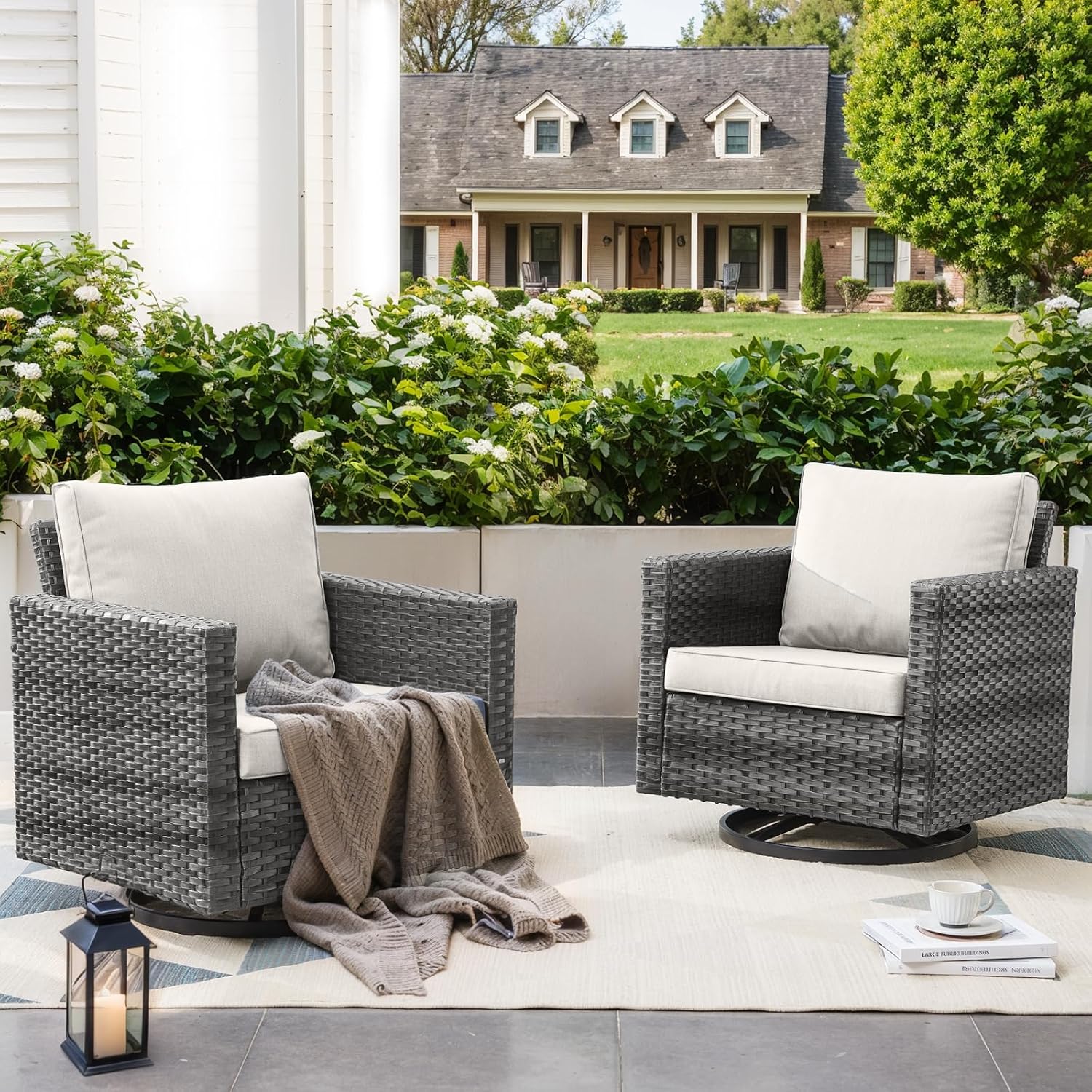 Outdoor Swivel Rocking Chairs,360 Degree Patio Swivel Glider Chair Set of 2 with High Back and Thickened Cushions for Deck Porch Garden Backyard-Grey/Beige