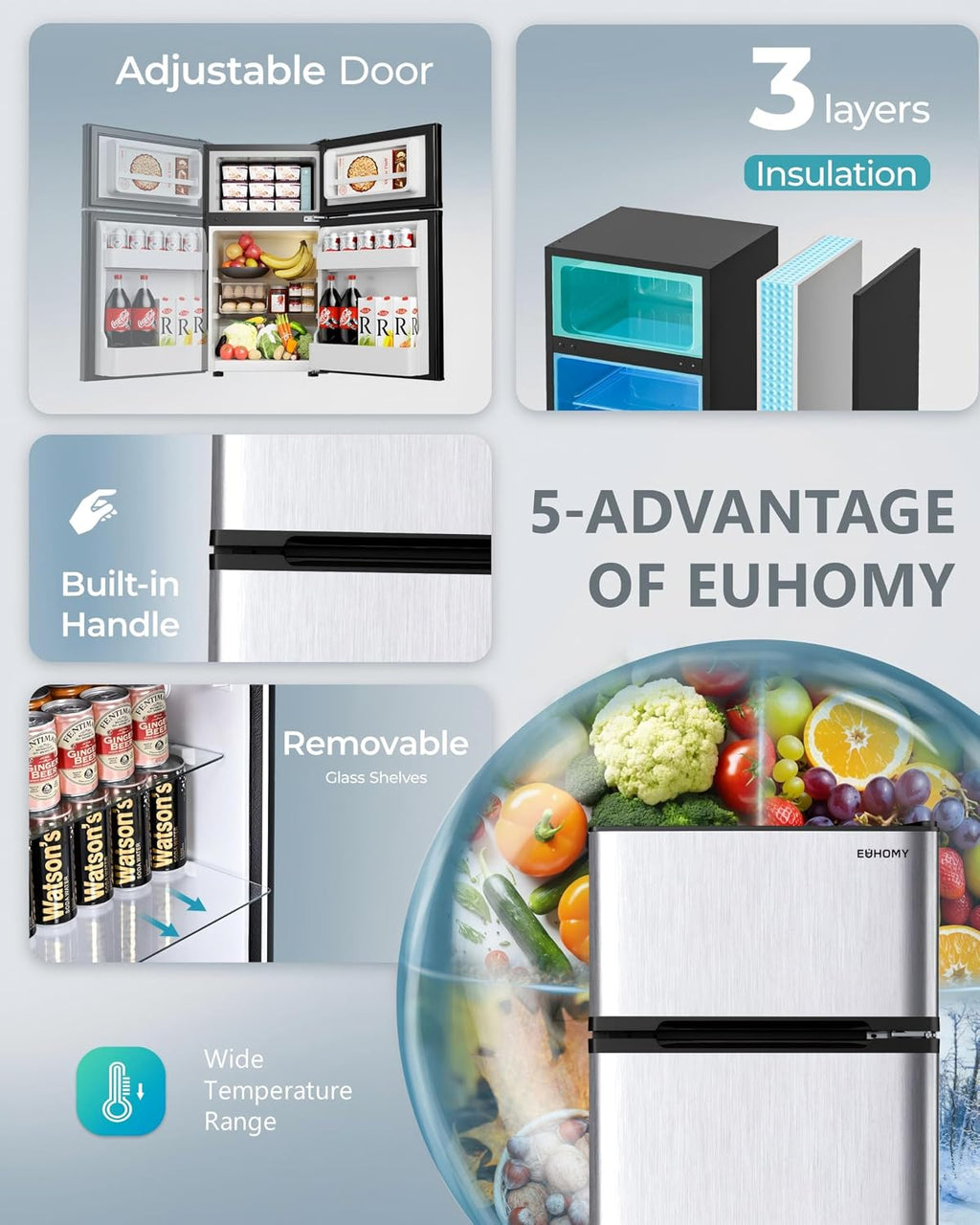 EUHOMY Mini Fridge with Freezer, 3.2 Cu.Ft Compact Refrigerator with freezer, 2 Door Mini Fridge with freezer For Dorm/Bedroom/Office/Apartment- Food Storage or Drink Beer(New Silver)