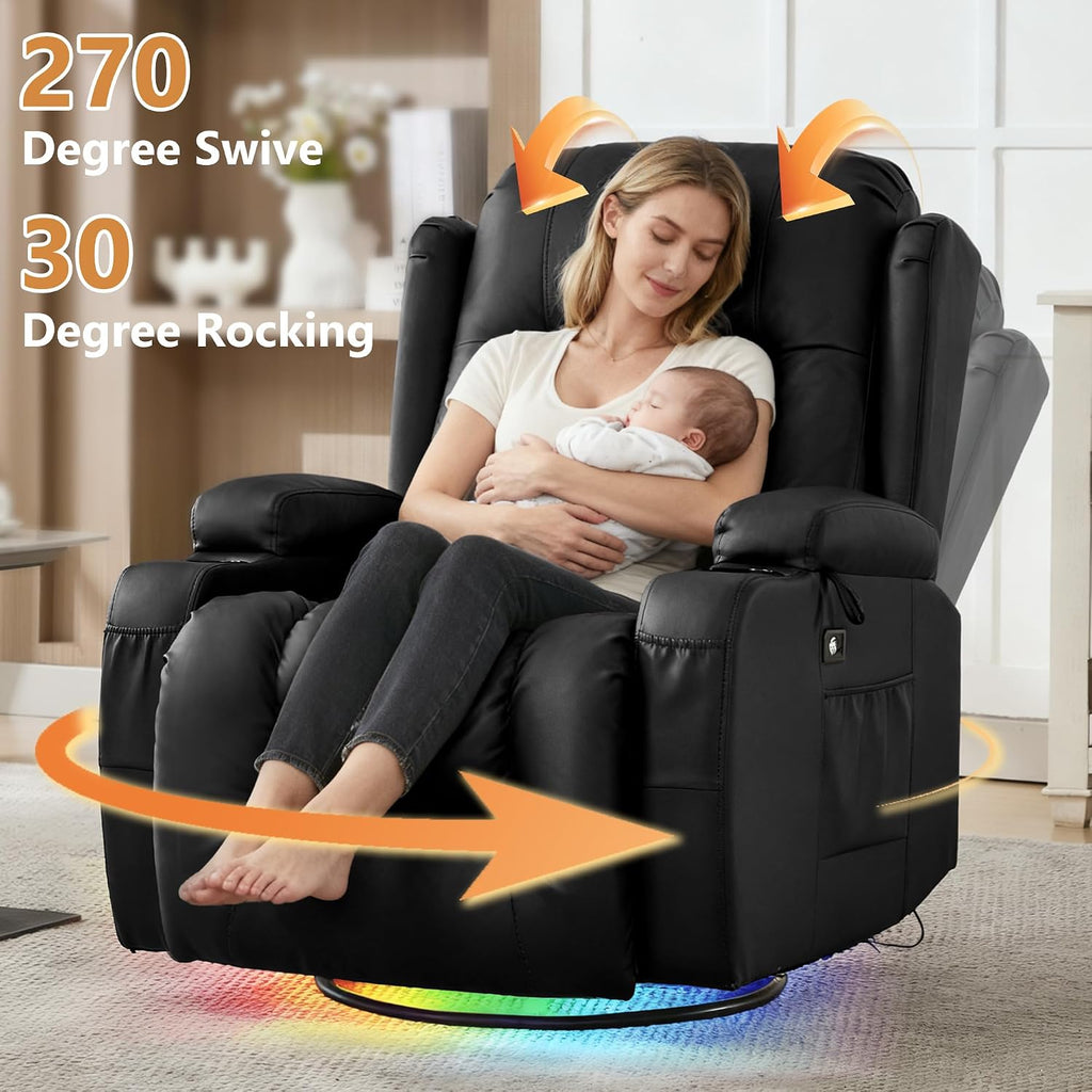 URRED Rocker Recliner Chair for Adults, 270° Swivel Glider Reclining Single Sofa with LED Ambient Light and Storage, Faux Leather Recliner for Living Room or Home Theater (Black, Set of 1)
