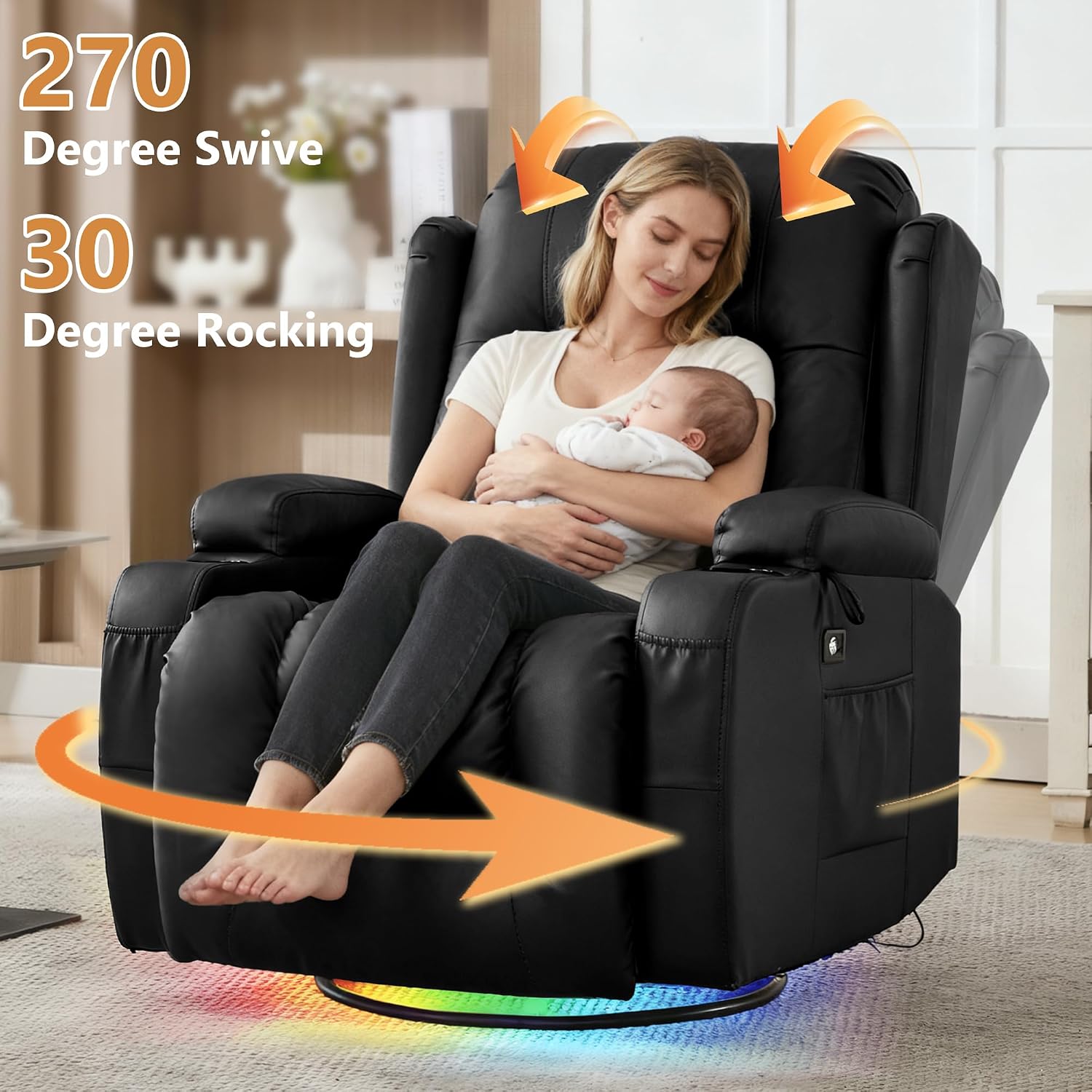 URRED Rocker Recliner Chair for Adults, 270° Swivel Glider Reclining Single Sofa with LED Ambient Light and Storage, Faux Leather Recliner for Living Room or Home Theater (Black, Set of 1)