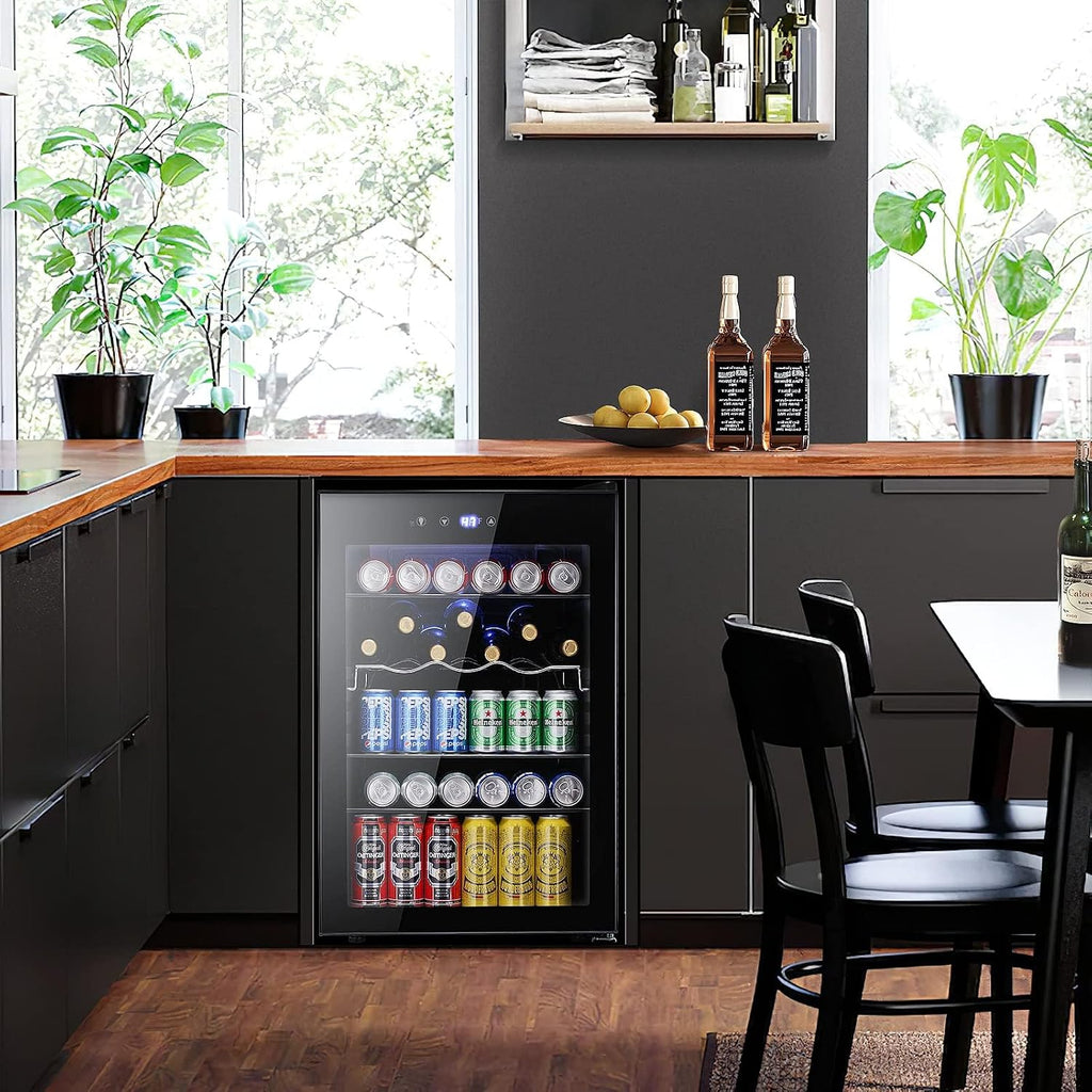 Kismile 4.5 Cu.ft Beverage Refrigerator and Cooler,145 Can Mini Fridge Glass Door with Digital Temperature Display for Soda,Beer or Wine,small Drink Dispenser Cooler for Home,Office or Bar (Black)