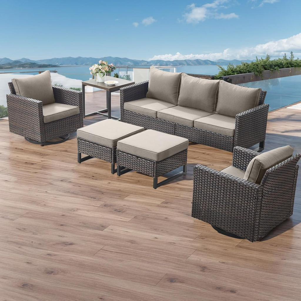 Luxury Wicker Outdoor Patio Furniture Set of 5 - 5 Piece Patio Conversation Set with 2 Swivel Rocker Chairs,2 Rattan Ottoman and 1 Metal Side Table for Outside Porch Deck Backyard Garden(Brown/Beige)