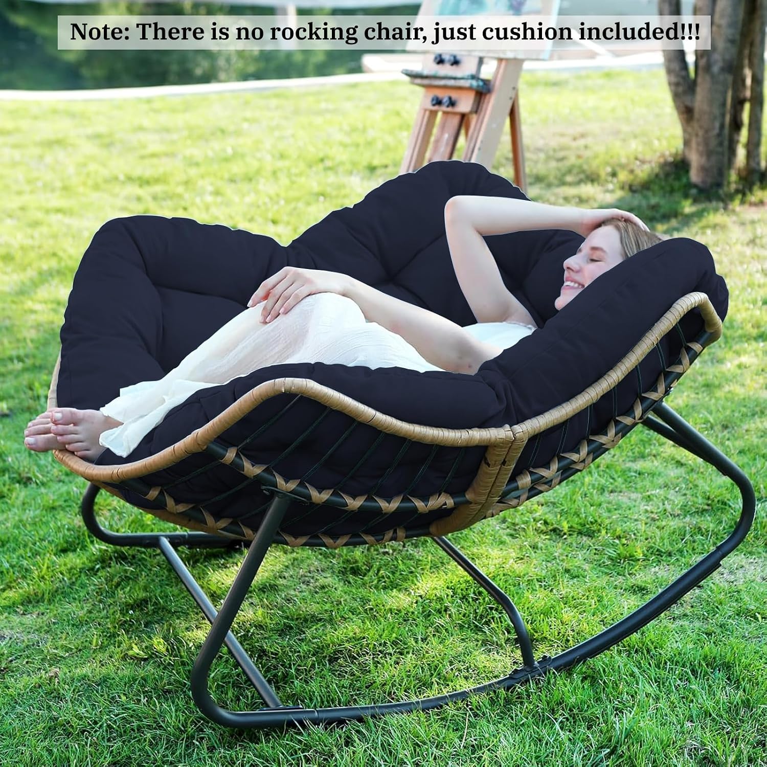 Outdoor Rocking Chair Cushions 6.3' Thick, Only Cushion, Waterproof, Fade-Resistant, Patio Egg Lounge Chair Cushion with 6 Straps, Indoor Papasan Chair Cushion (Navy Blue)