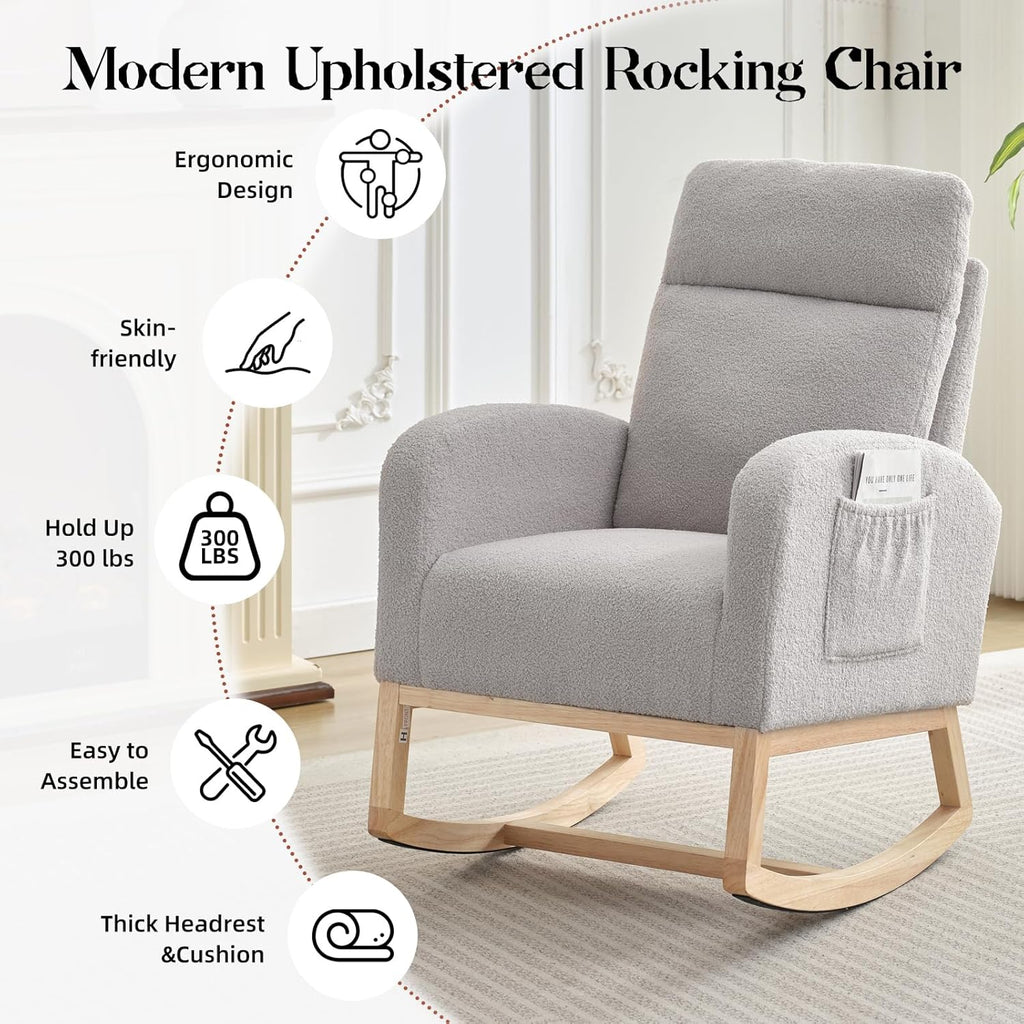 Nursery Rocking Chair, Comfy Modern Glider Rocking Chair with High Backrest and Armrest, Teddy Upholstered Rocking Accent Chair with Side Pockets for Living Room, Bedroom, Office,Gray