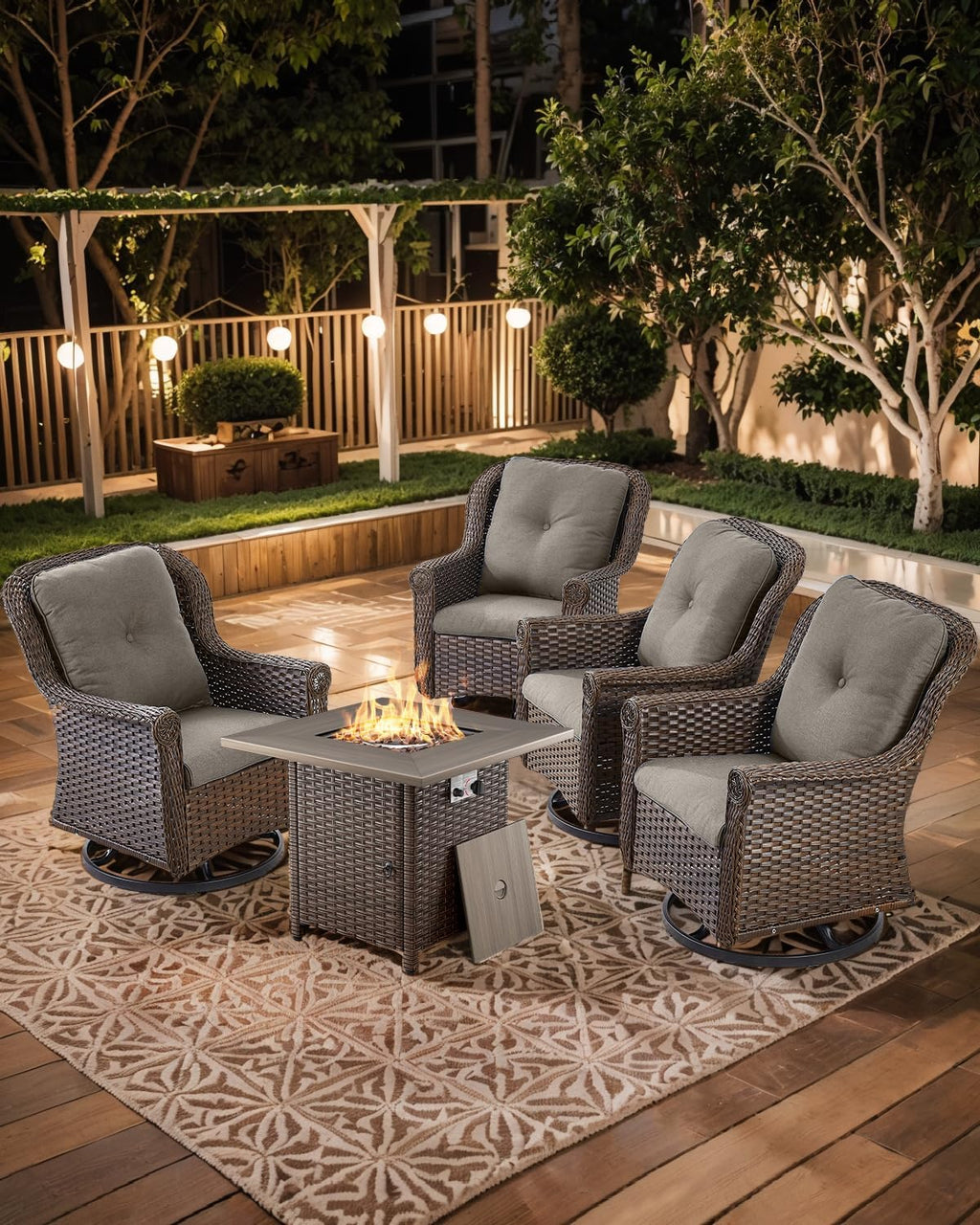 Outdoor Patio Swivel Gliders with Fire Pit Table 5 Piece Set - High Back Brown Wicker Rattan Rocking Chair with Thick Cushion for Porch Apartment Deck Yard Poolside Garden - Grey