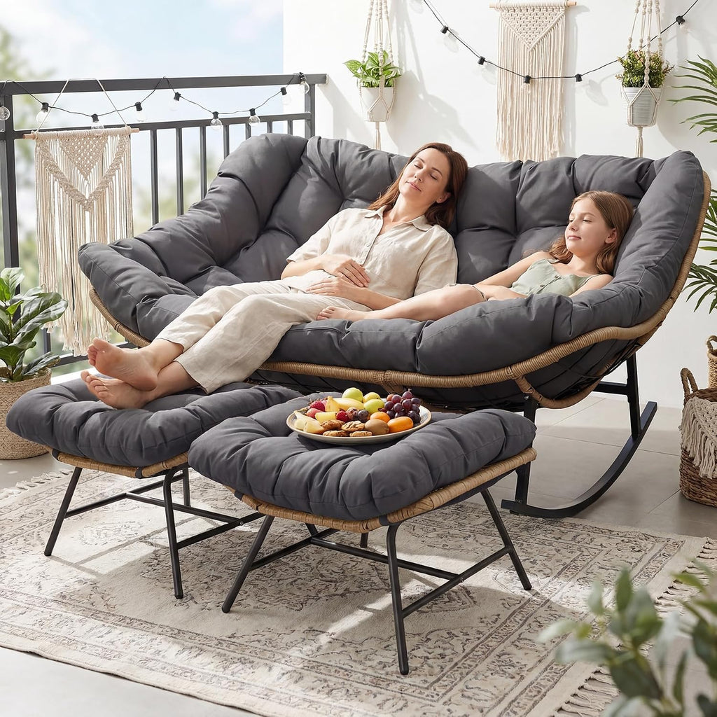 NICESOUL Oversized Double Rocking Papasan Chair with Cushion, 2 Person Big Wicker Outdoor Comfy Recliner, Large Heavy Duty 700 lbs Loveseat for Patio, Balcony, Backyard (Grey, 2 Seats w/Ottoman)