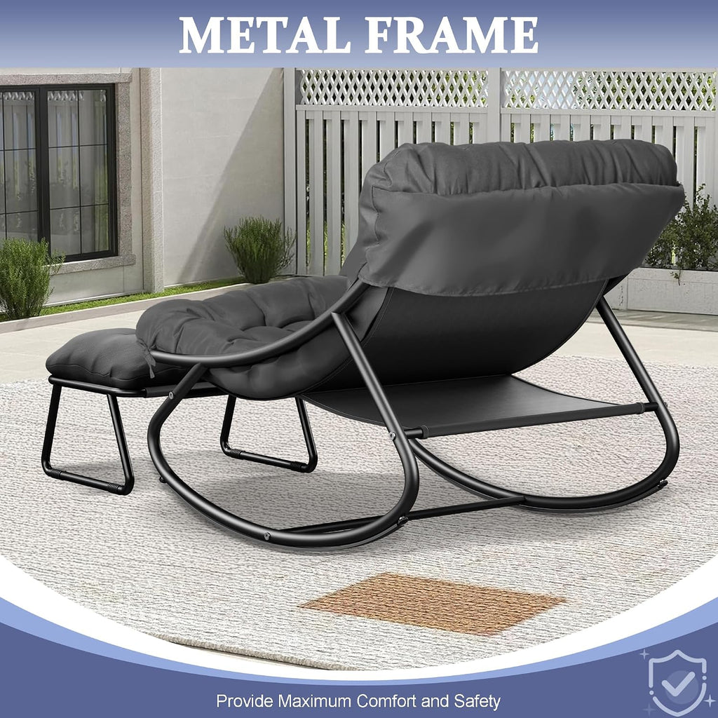 Oversized Patio Rocking Chair with Ottoman, Comfy Lounge Rocker Chair, Outdoor and Indoor Rocking Chairs with Deep Cushion, Metal Egg Chair for Living Room Porch Garden Balcony (Grey)