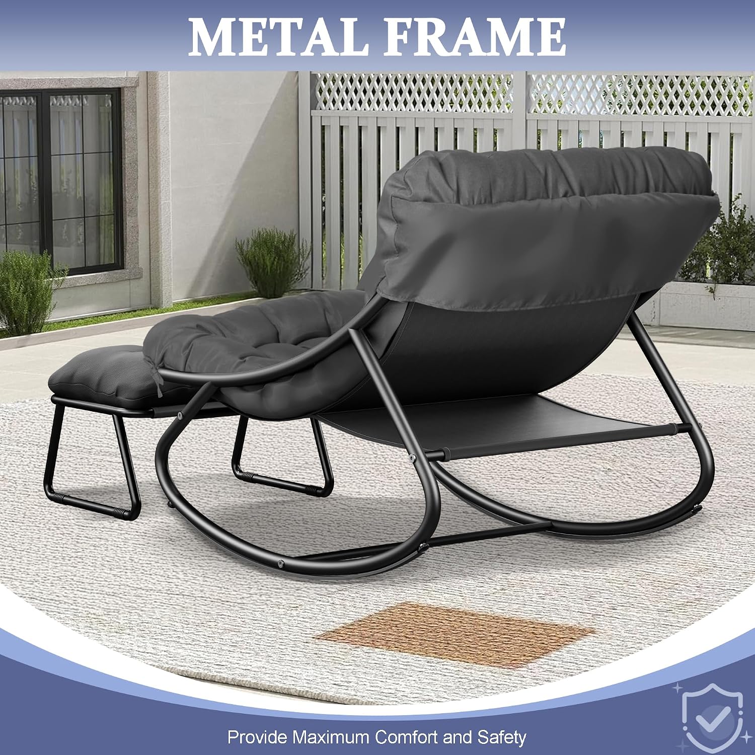 Oversized Patio Rocking Chair with Ottoman, Comfy Lounge Rocker Chair, Outdoor and Indoor Rocking Chairs with Deep Cushion, Metal Egg Chair for Living Room Porch Garden Balcony (Grey)