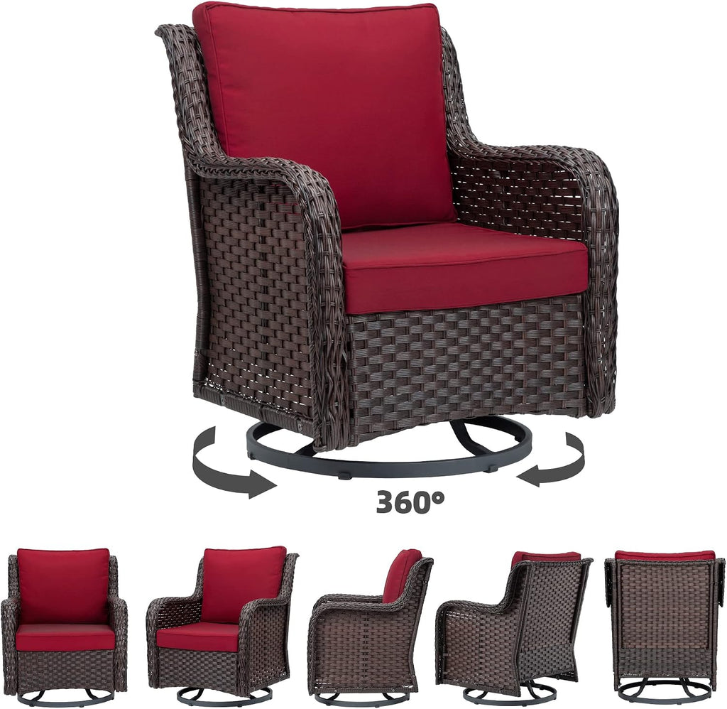 GarveeLife 3 Pieces Outdoor Swivel Chair Set, Upgraded Encrypted Rattan Wicker Swivel Rocker Patio Chairs, Thick Cushion and Side Table for Balcony, Porch, Backyard, Garden, Red