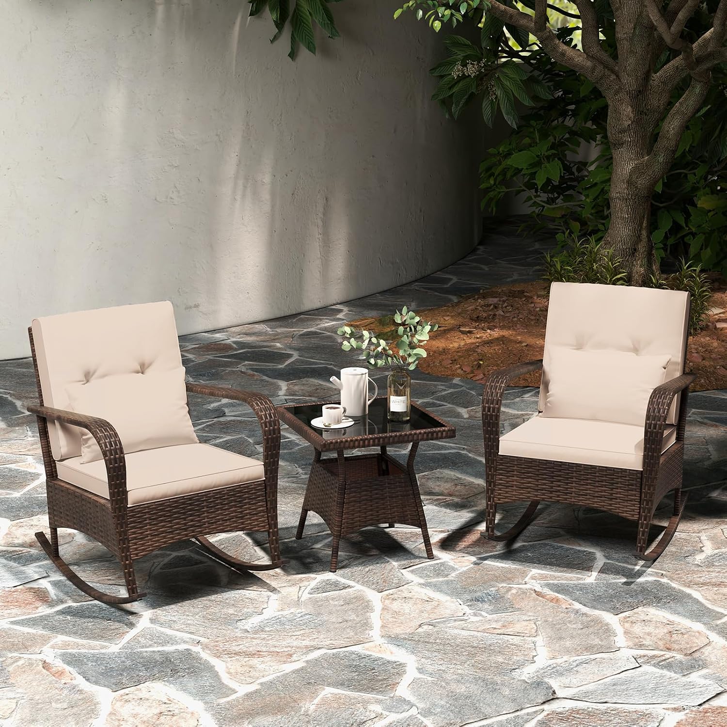 Tangkula 3 Pieces Rocking Bistro Set, Patiojoy Outdoor PE Rattan Rocker Chairs with Removable Cushions & Tempered Glass Top Coffee Table, Outdoor Wicker Furniture Set for Porch, Garden (Brown)
