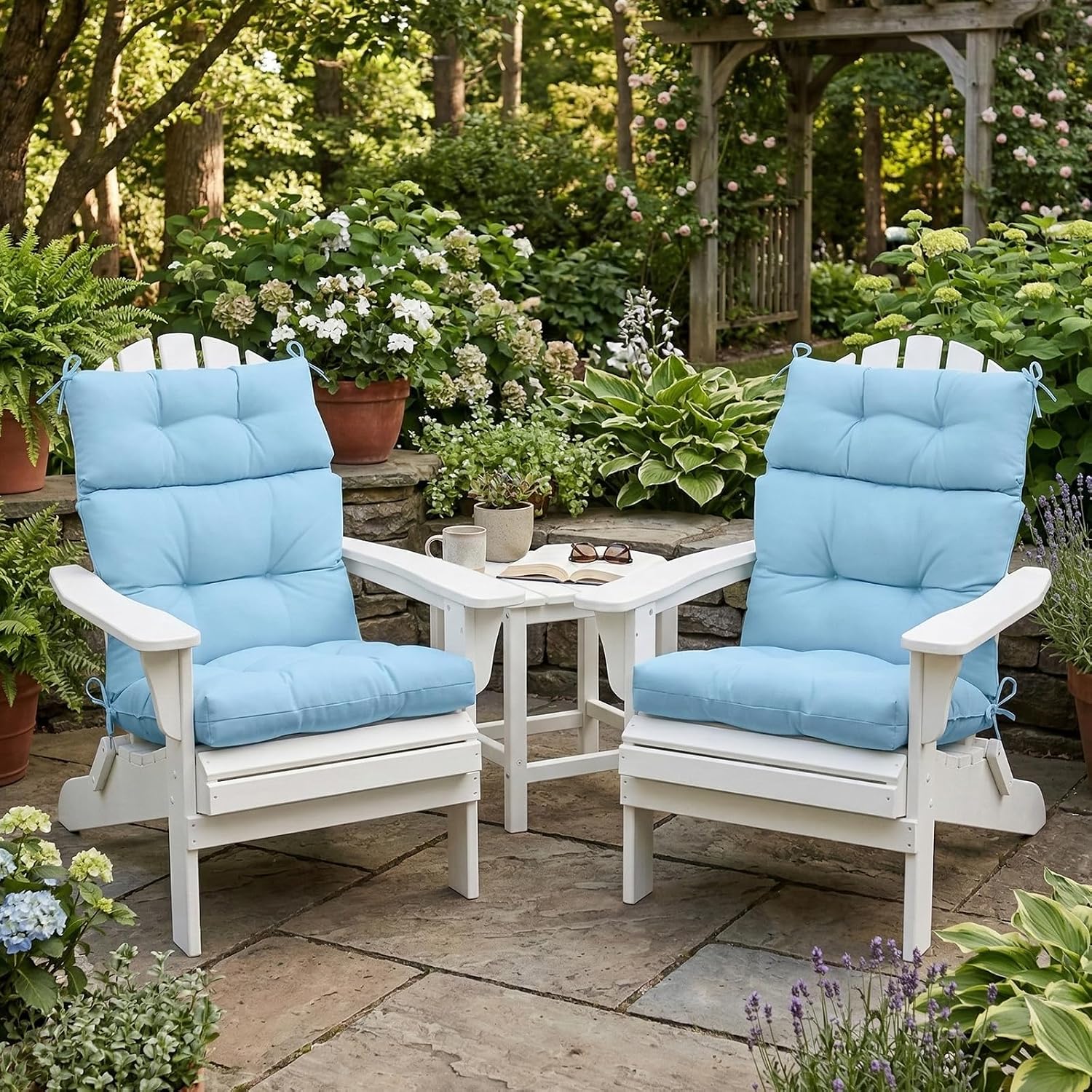 COOS BAY Outdoor Chair Cushions High Back 46x22 Inch, Tufted Patio Seat Cushions with Ties, Water-Resistant Replacement Pads, 2 Pack, Aqua Blue