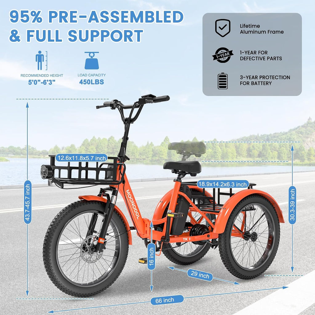 MOONCOOL Foldable Electric Tricycle for Adults, 20' Aluminum Etrike Fat Tire, Rated 500W 48V 15Ah Rear Differential, Front Suspension, 15.5MPH, 450LBS Payload, 95% Pre-Assembled