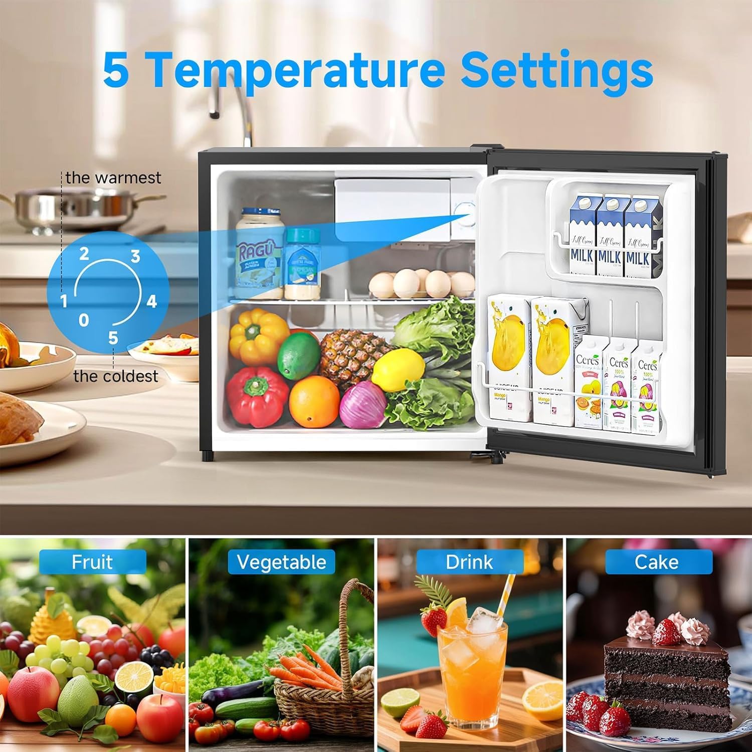 1.6 Cu Ft Mini Fridge with Freezer - 32dB Ultra Quiet Upright Freezer for Bedroom, Office & Dorm | Small Fridge, Adjustable Thermostat, Reversible Door, ETL Certified
