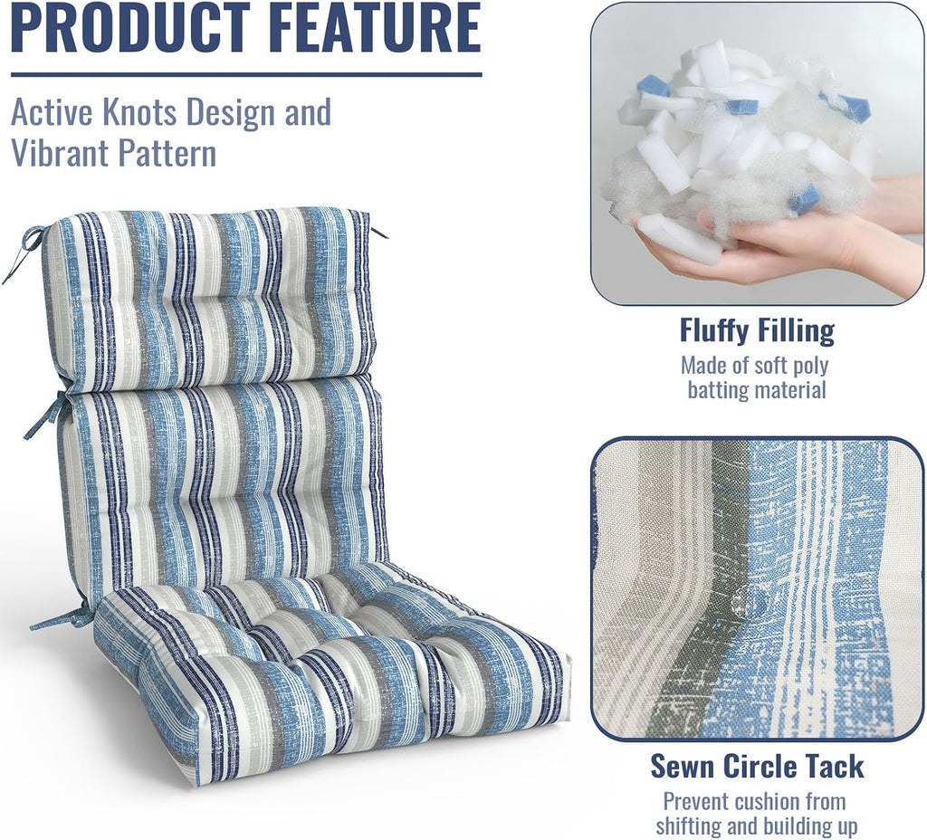 Outdoor High Back Patio Chair Cushions, Tufted Rocking Chair Cushions, Adirondack Cushions for Garden Porch Home Office Chairs Use, 44' x 22' x 4', 2 Pack, Stripe Layered Blue