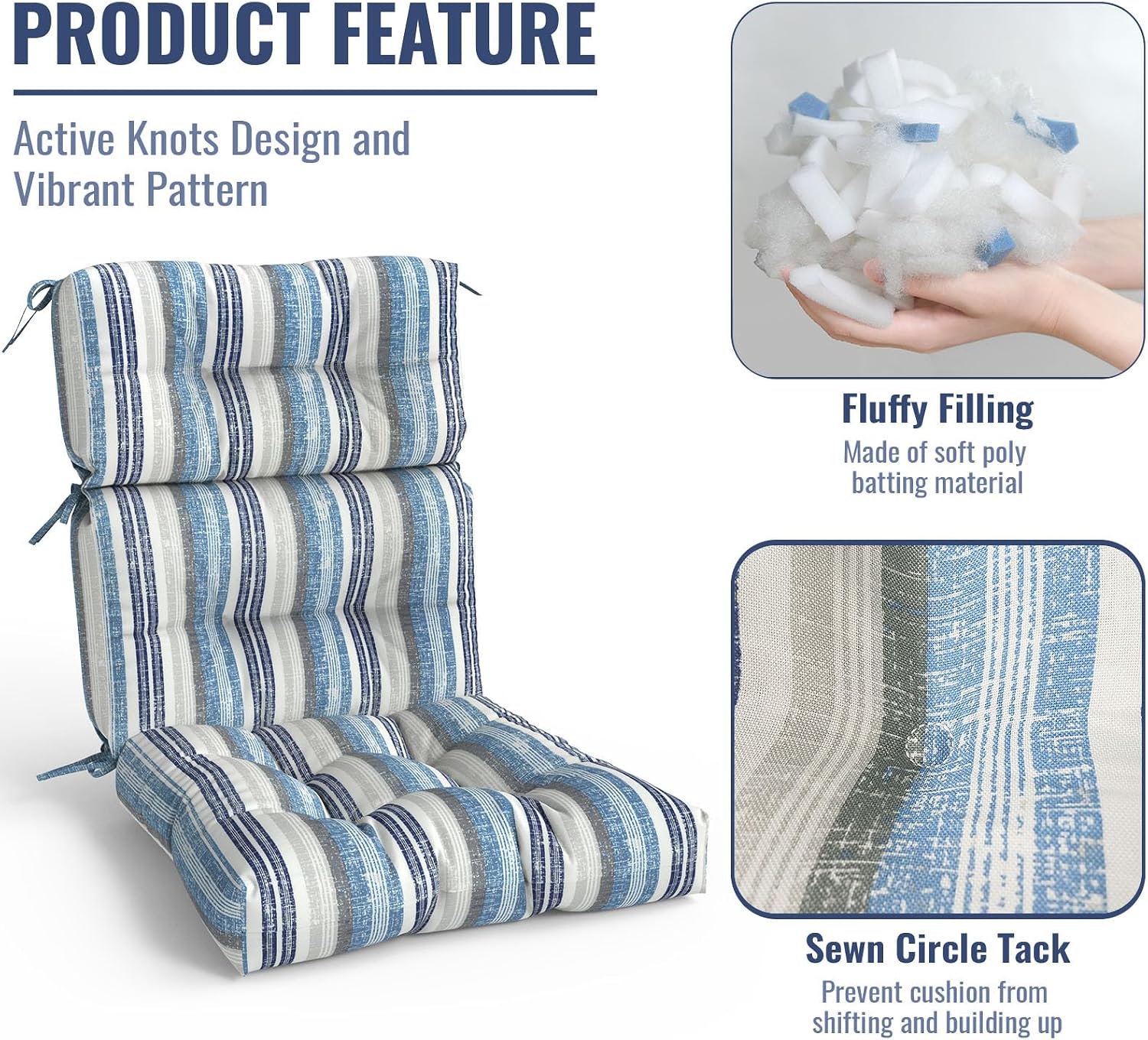 Outdoor High Back Patio Chair Cushions, Tufted Rocking Chair Cushions, Adirondack Cushions for Garden Porch Home Office Chairs Use, 44' x 22' x 4', 2 Pack, Stripe Layered Blue