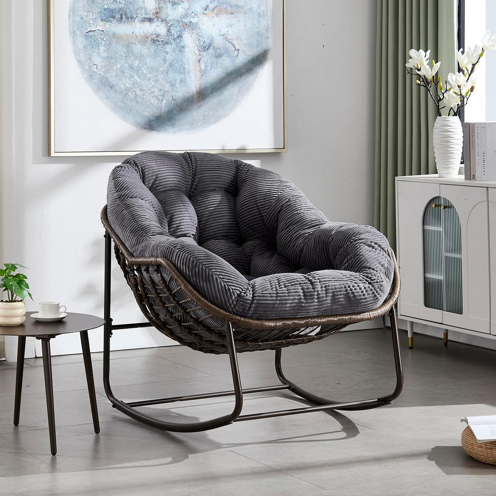 Rattan Rocking Chair for Indoor Outdoor Patio Oversized Wicker Egg Chair, Grey
