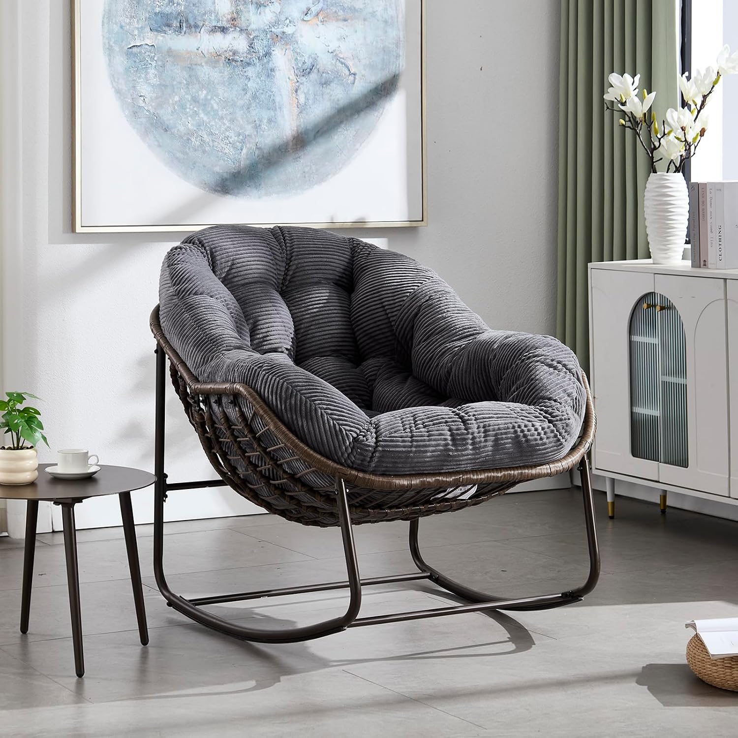 Rattan Rocking Chair for Indoor Outdoor Patio Oversized Wicker Egg Chair, Grey