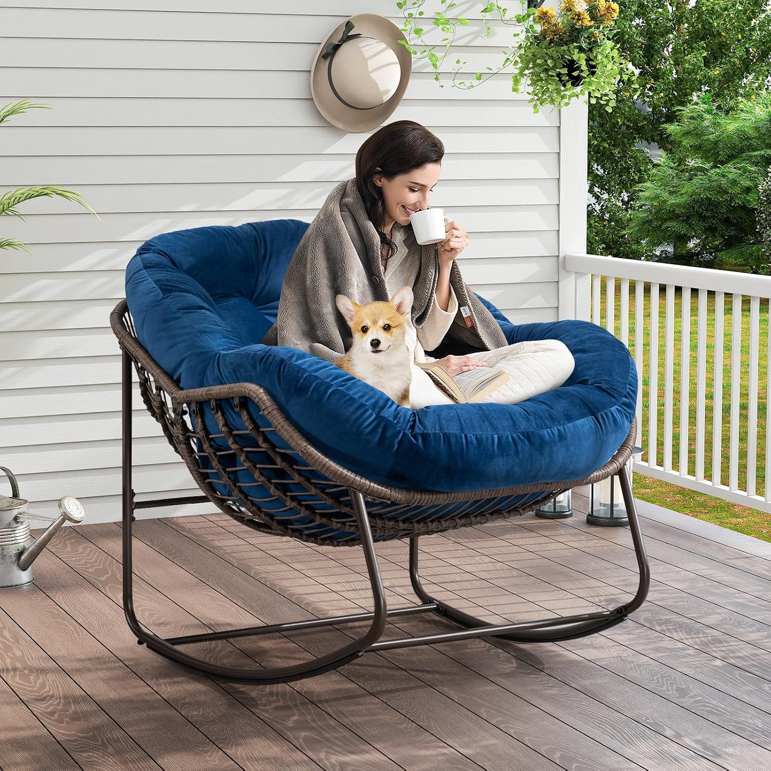 Deolme Large Papasan Rocking Chair with Cushion, Oversized Comfy Reading Chair Lounging Indoor Outdoor Rocker for Front Porch Backyard Bedroom Living Room Egg Chair Rattan (Blue Padded)