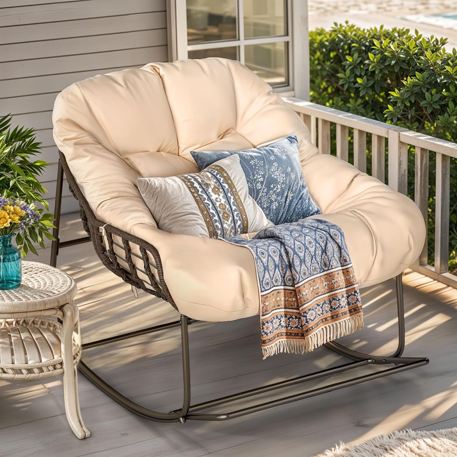 YITAHOME Rocking Papasan Chair, Wide Rocking Chair, Comfy Indoor and Outdoor Lounge Chair with Thick Cushion for Bedroom, Living Room, Patio, Porch, Garden, Deck, Lawn (Beige)