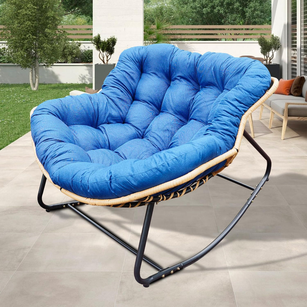 Rocking Papasan Chair Outdoor/Indoor, Rattan Wicker Lounge Rocker Egg Chair with Thick Cushion, Alloy Frame & Anti-Tip Wide Base for Patio, Living Room, Bedroom, Royal Blue