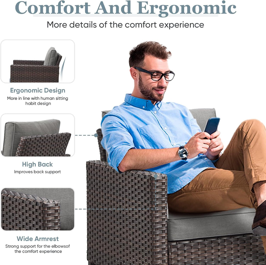 Patio Swivel Chairs,360 Degree Outdoor Swivel Glider Chair Set of 2 with High Back and Thickened Cushions for Deck Porch Garden Backyard-Brown/Grey