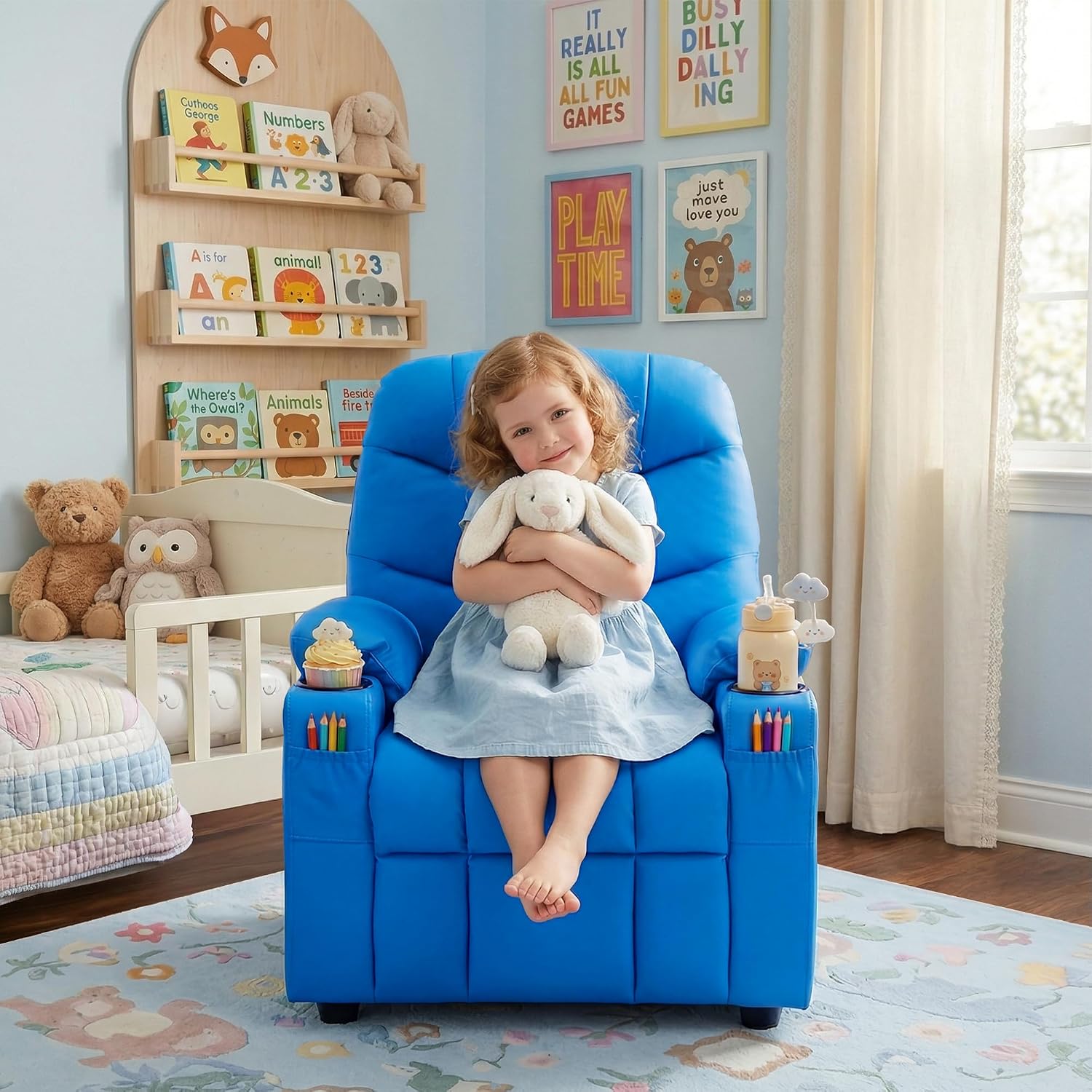 Donut Larger Kids Reclining Chair PU Leather Recliner Sofa Push Back Lounge Children Toddler Boys Girls Ages 3-12 with Dual Cup Holders and 4 Pockets