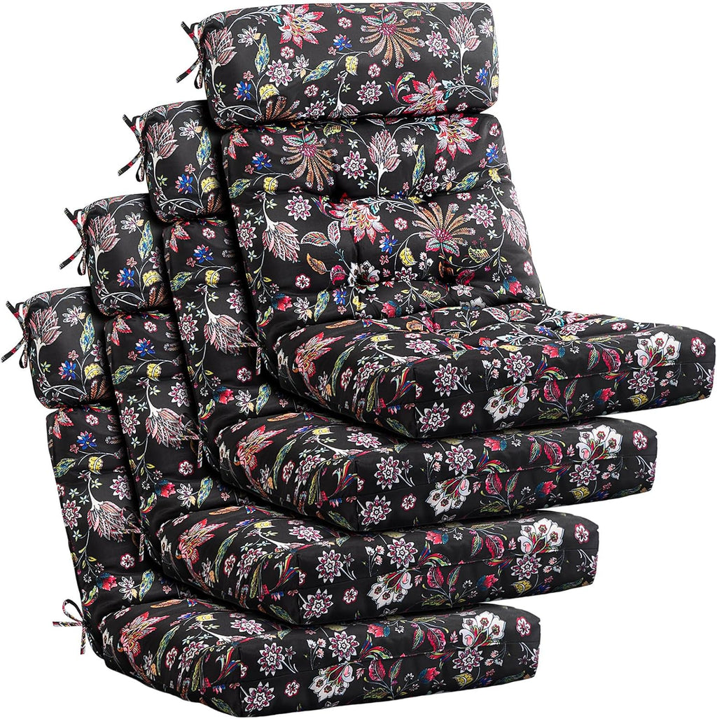 Barydat 4 Pcs Tufted High Back Chair Cushion Indoor Outdoor Seat and Back Cushions Palm Leaves Tropical Plants Lawn Rocking Chair Pads with Ties for Adirondack Patio Garden(Black Flower)
