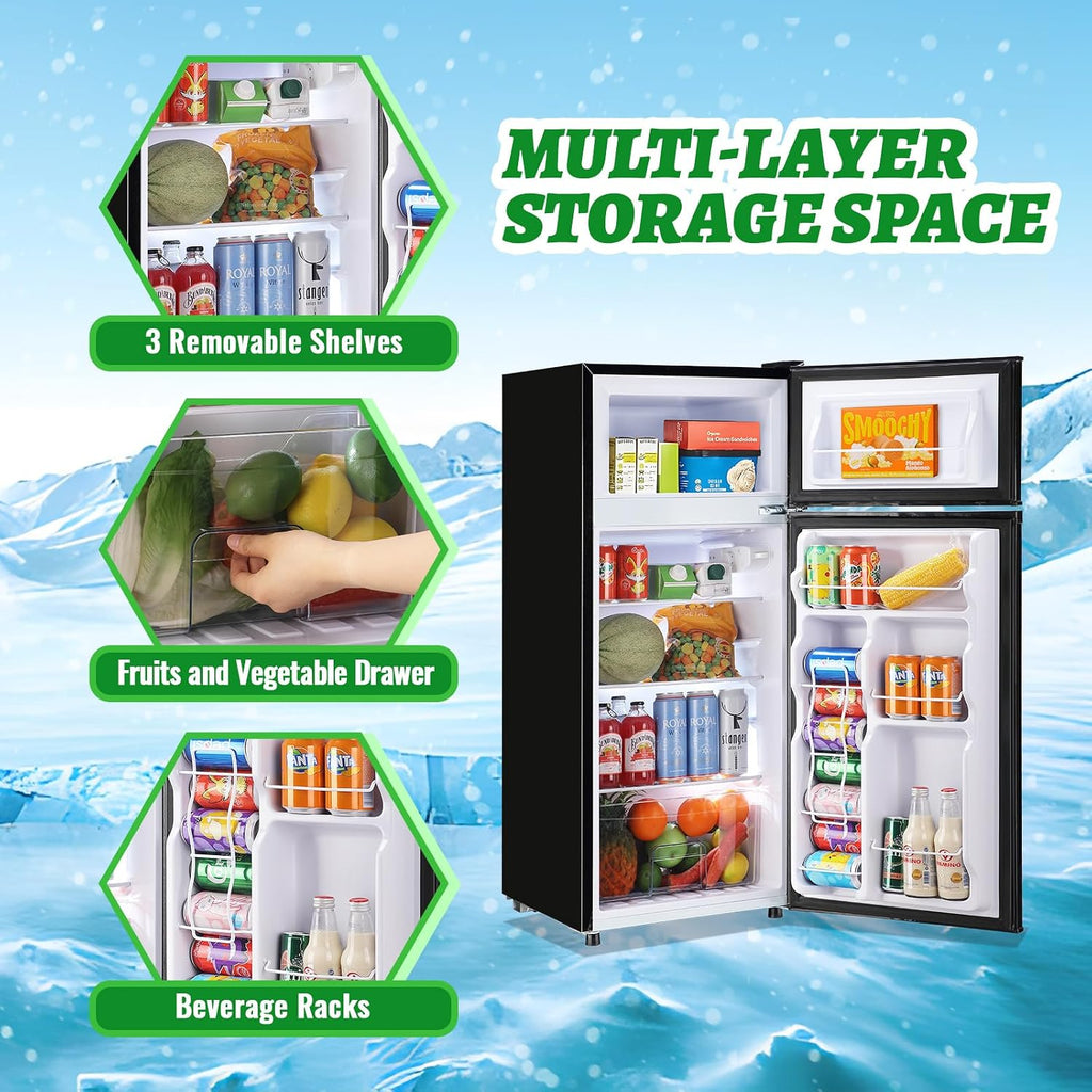 DEMULELR 4.5Cu.ft Small Mini Refrigerator with Freezer Black Two Door Mini Fridge with Crisper Drawer & Extra Drink Space, LED Light, Apartment Size Fridge for Dorm Office 17.5' W x 18.5' D x 43' H