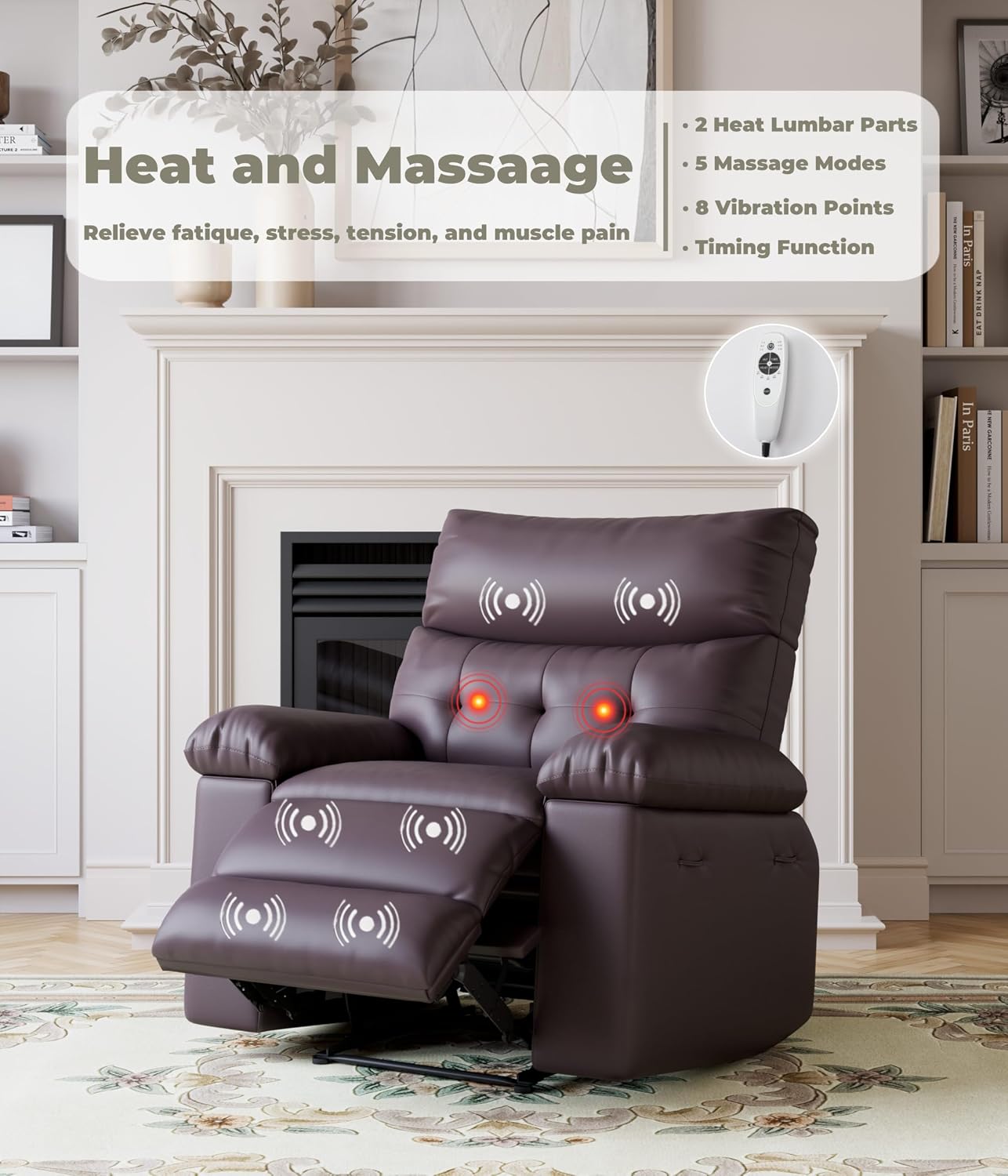 GarveeHome Oversized Leather Recliner Chair - Heat and Massage, Swivel Rocker Manual Recliner for Adults, Lazy Rocking Chair with Comfort Arms and Back Single Sofa for Living Room