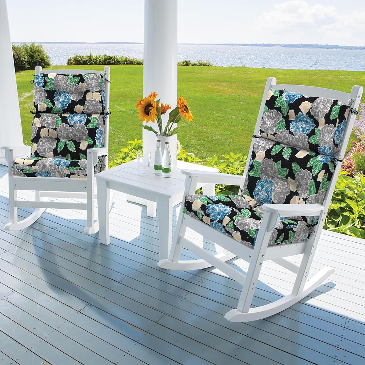DYTXIII Outdoor High Back Chair Cushions Set of 2, Water Repellent Tufted Rocking Seat Cushions Replacement 44 x 22 Inch, Seat & Back Chair Pads for Patio, Balcony and Indoor Use -Peony Garden