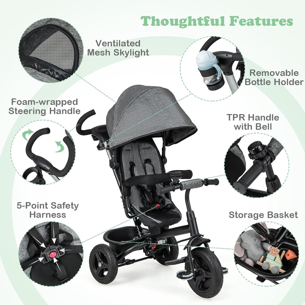 HONEY JOY Tricycle, 6 in 1 Kids Trike Stroller w/Adjustable Push Handle & Canopy, Reversible Seat, Safety Belt, Folding Pedal, Cup Holder, Storage, Push Tricycle for Toddlers 9 Months-5 Years (Gray)