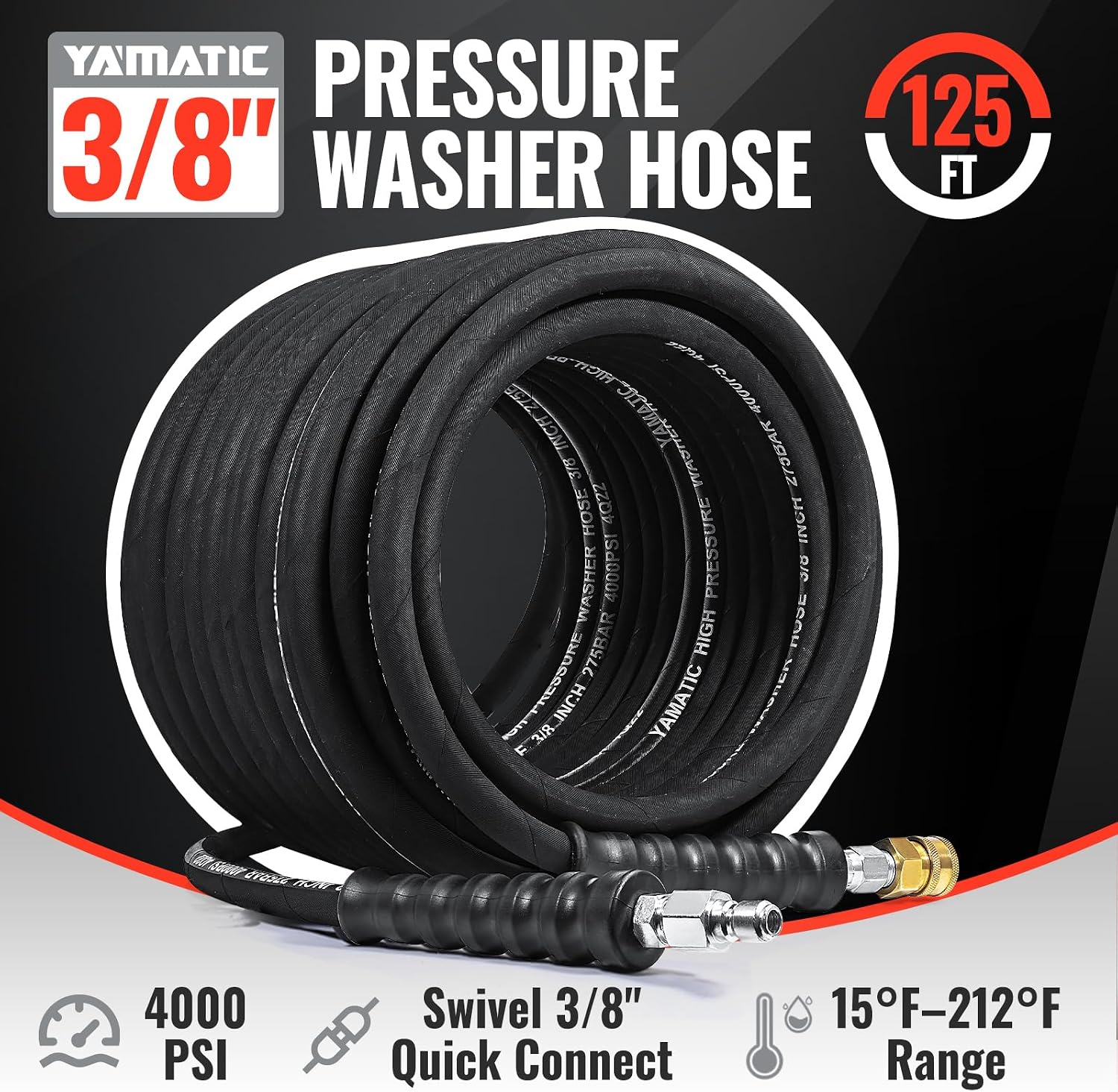 YAMATIC 3/8 Pressure Washer Hose 125 FT 3/8', 4000 PSI Hot Water Power Washer Hose, 360° Swivel 3/8' Quick Connect, Heavy Duty Rubber Hose for Simpson Honda DeWalt Generac Troy-Bilt