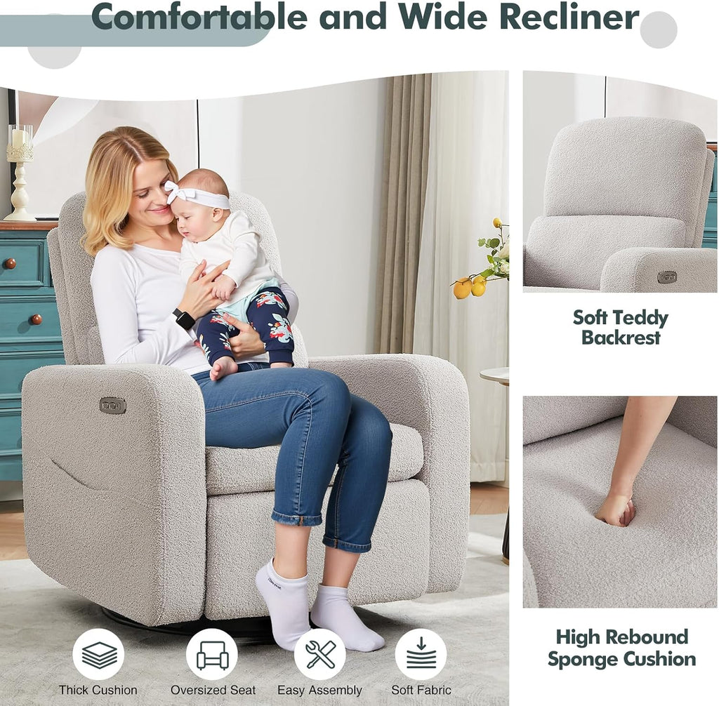 Swivel Rocker Recliner, Power Recliner Glider with Removable Cushion, Oversized Upholstered Boucle Swivel Reclining Nursery Chairs for Living Room Bedroom, Teddy Grey