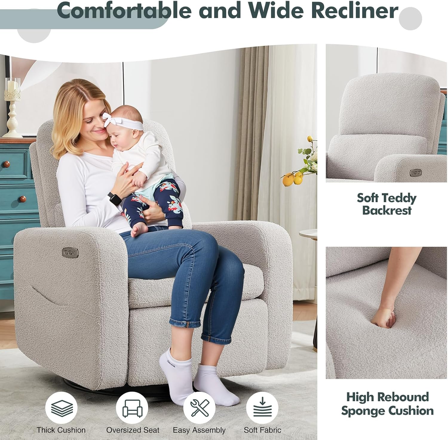 Swivel Rocker Recliner, Power Recliner Glider with Removable Cushion, Oversized Upholstered Boucle Swivel Reclining Nursery Chairs for Living Room Bedroom, Teddy Grey