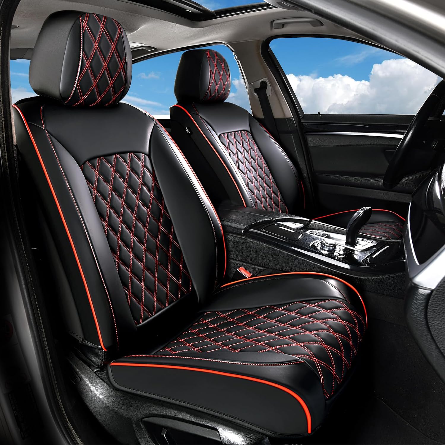 Huidasource Seat Covers, Nappa Leather Car Seat Covers, Velcro Adjustable, Compatible with Airbags, Child Seat, Seat Belts, Fit for Most Cars, Vans, Trucks, SUVs (Full Set/Black&Red)