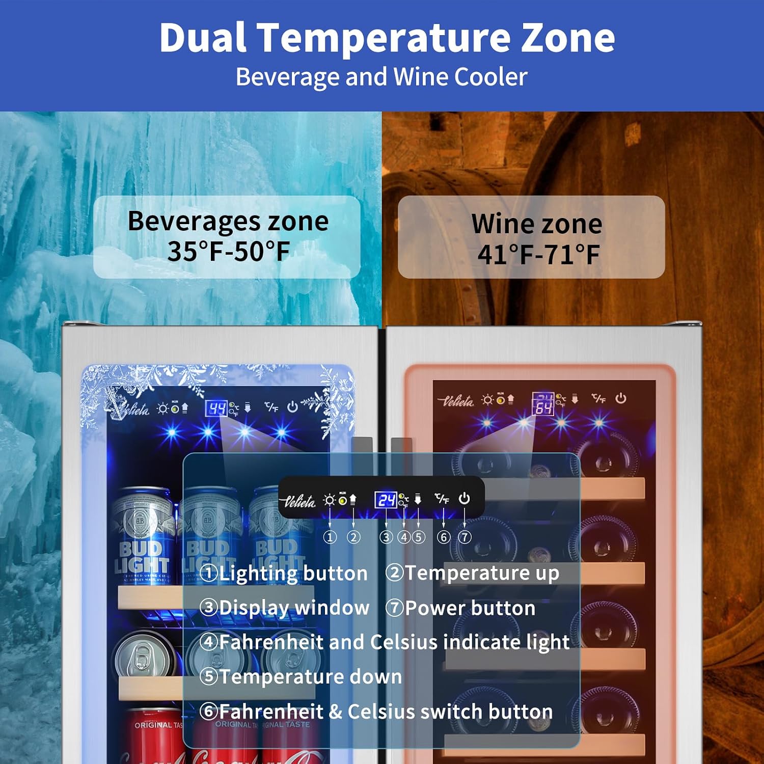 24 Inch Wine and Beverage Refrigerator, Dual Zone Wine Beverage Cooler, Built-in/Freestanding Beer and Wine Fridge with a Powerful Compressor, 20 Bottles and 88 Cans Capacity