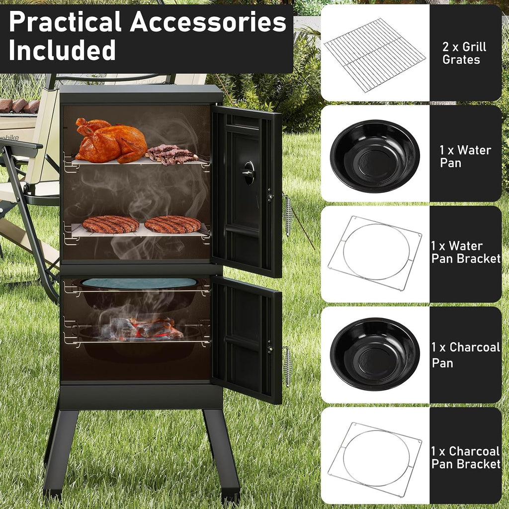 Happygrill Charcoal Grills, 40' Vertical BBQ Smoker Grill with Built-in Thermometer, Adjustable Air Dampers, Removable Water Pan & Grill Grates for Backyard Picnics, Party, Outdoor Camping