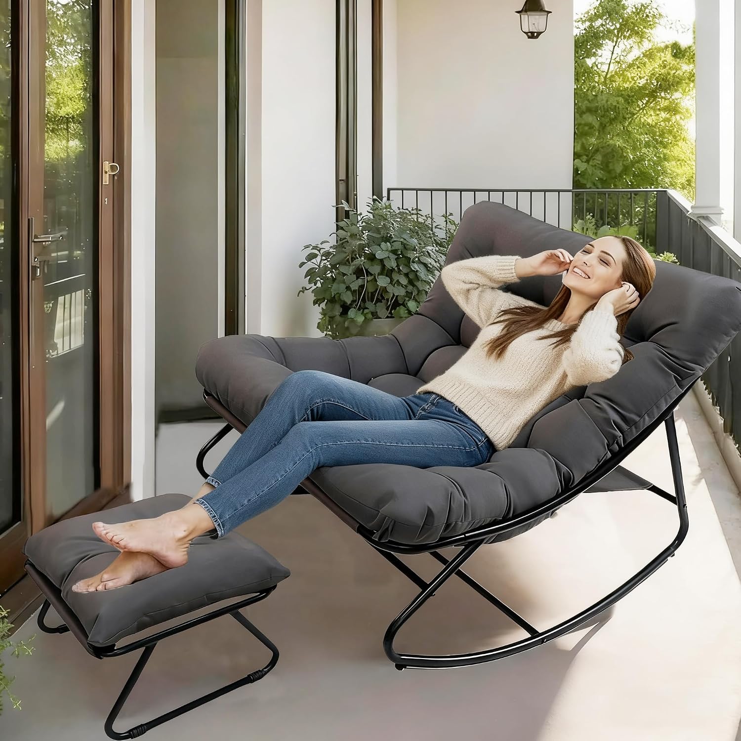 Oversized Patio Rocking Chair with Ottoman, Comfy Lounge Rocker Chair, Outdoor and Indoor Rocking Chairs with Deep Cushion, Metal Egg Chair for Living Room Porch Garden Balcony(Black1)