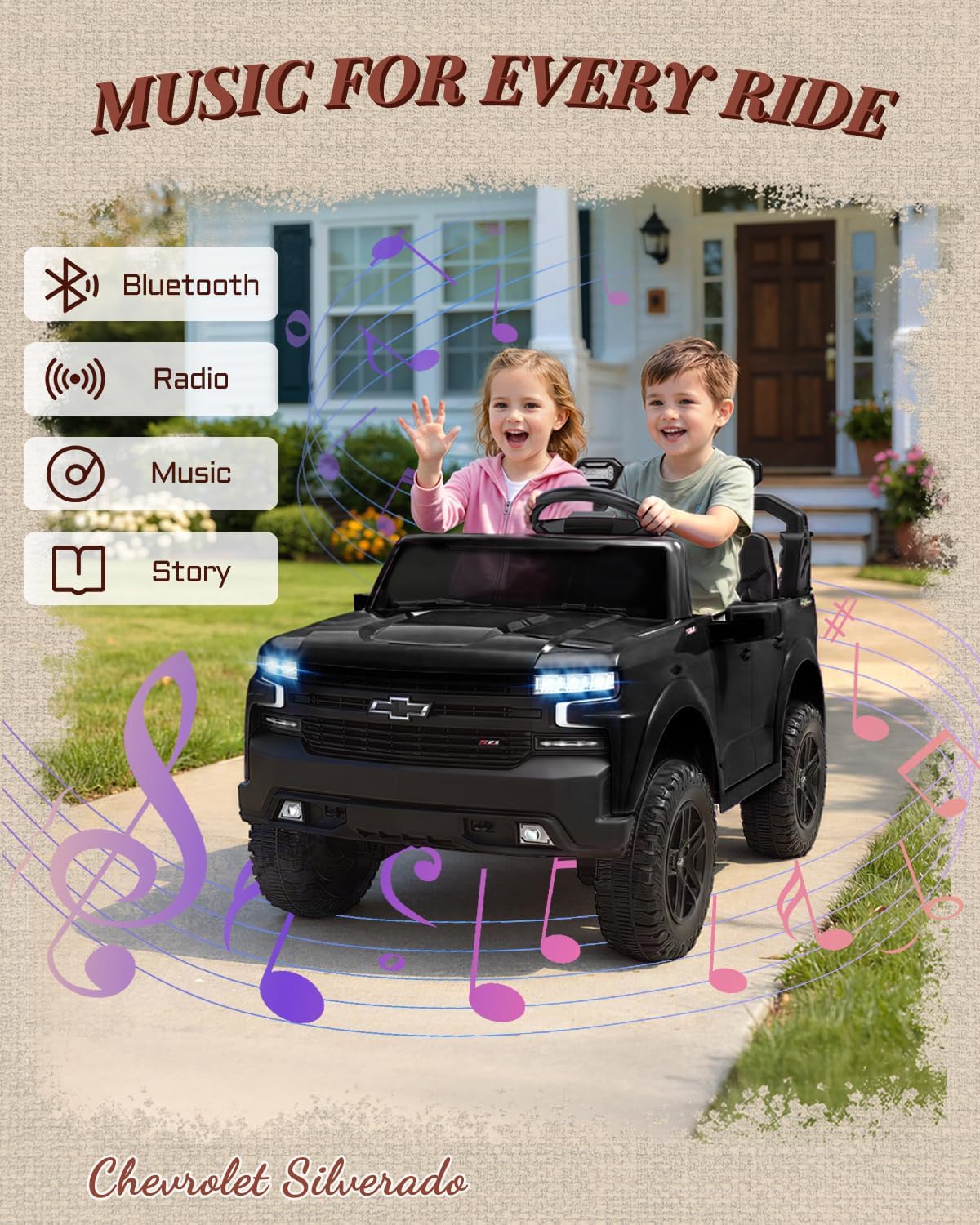First Ride On 24V 2 Seater Ride on Toys Licensed Chevrolet Silverado, Electric Vehicle with Remote Control and Seat Belts, Electric Ride On Truck wtih Trunk, Bluetooth and LED Lights (Black)