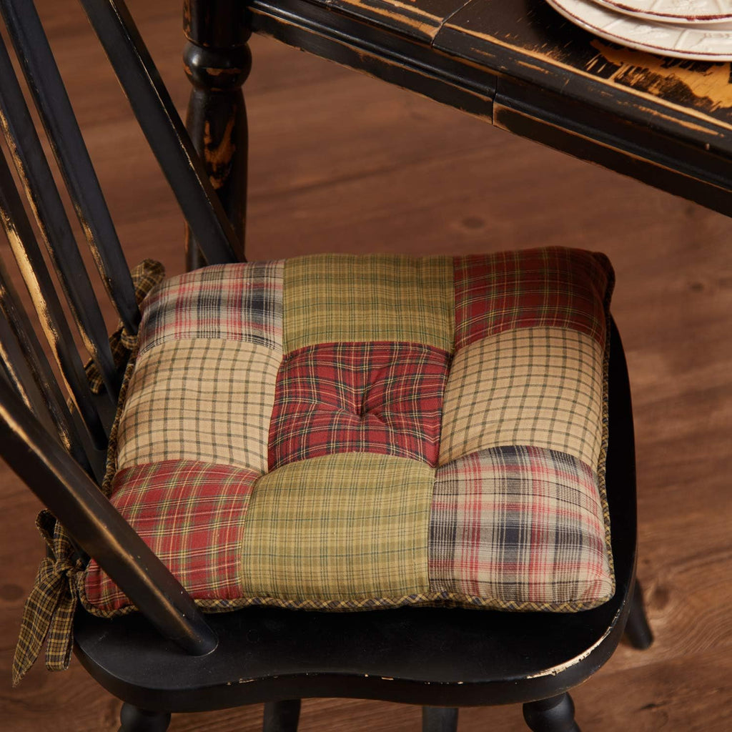 VHC Brands Tea Cabin Chair Pad Patchwork Log Cabin Country Rustic Lodge Design, Moss Green and Deep Red, Set of 6
