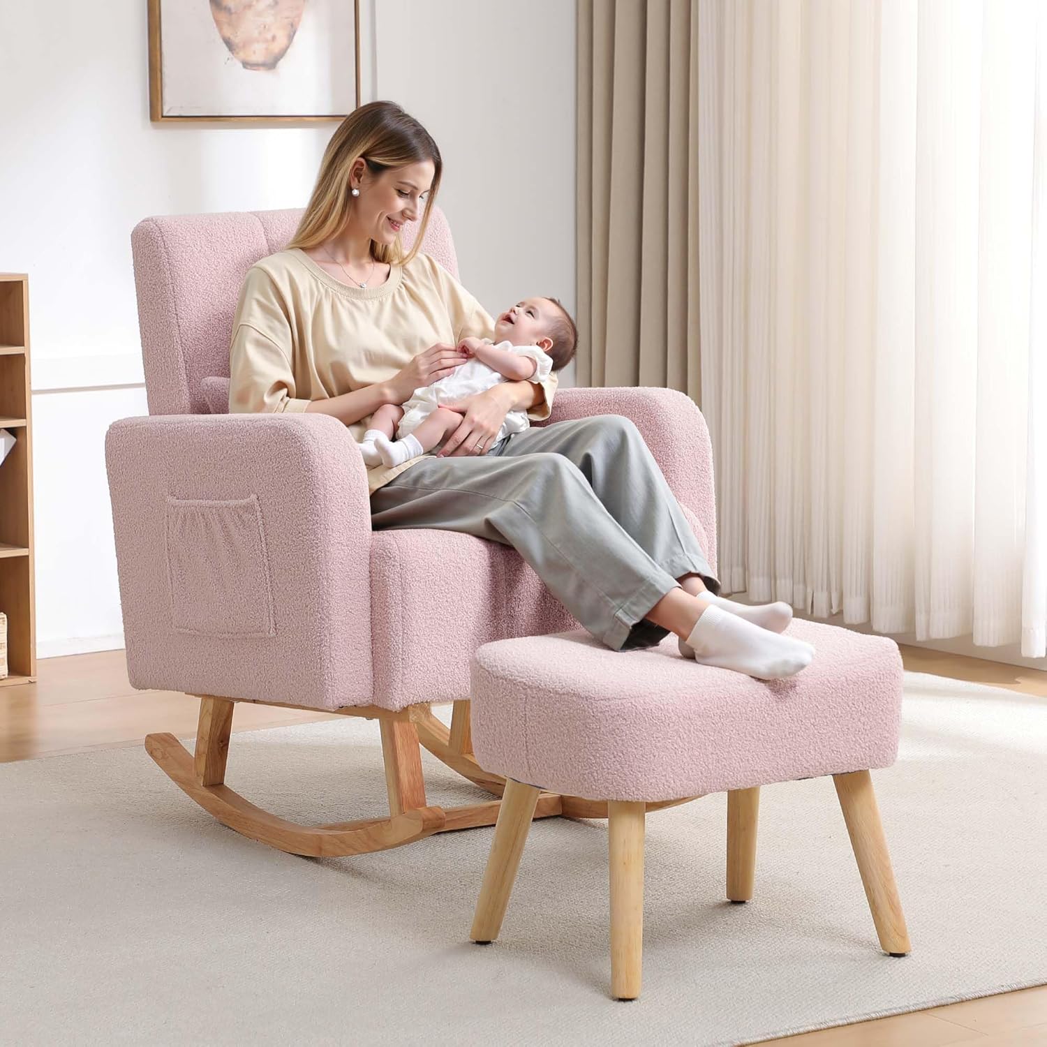 HCHAIRH Rocking Chair with Ottoman, Upholstered Glider Rocker Armchair with High Backrest and Side Pocket, Comfy Reading Chair with Solid Wood Legs for Nursery, Living Room,Bedroom, Pink