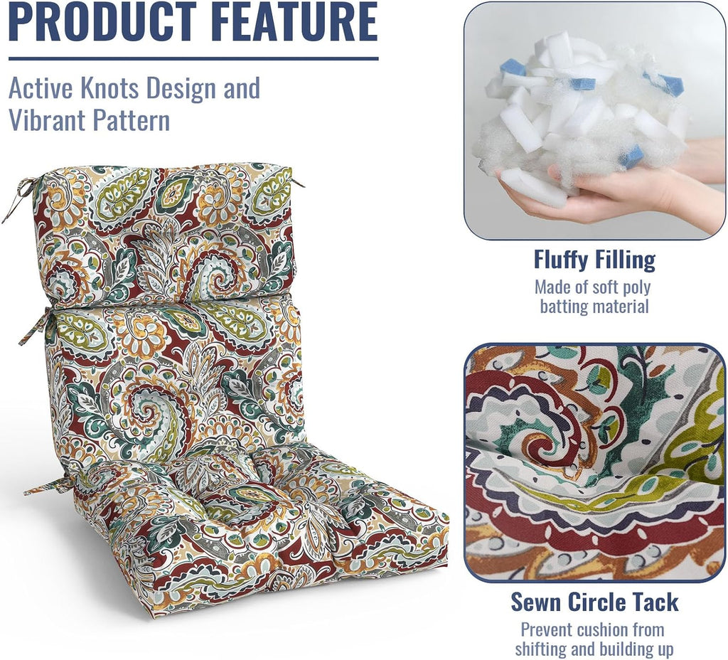 Outdoor High Back Patio Chair Cushions, Fade Resistant & Waterproof Tufted Seat and Back Cushions for Patio Furniture, Patio Chair Cushions 44x22 Inch, Set of 2, Paisley Chilli
