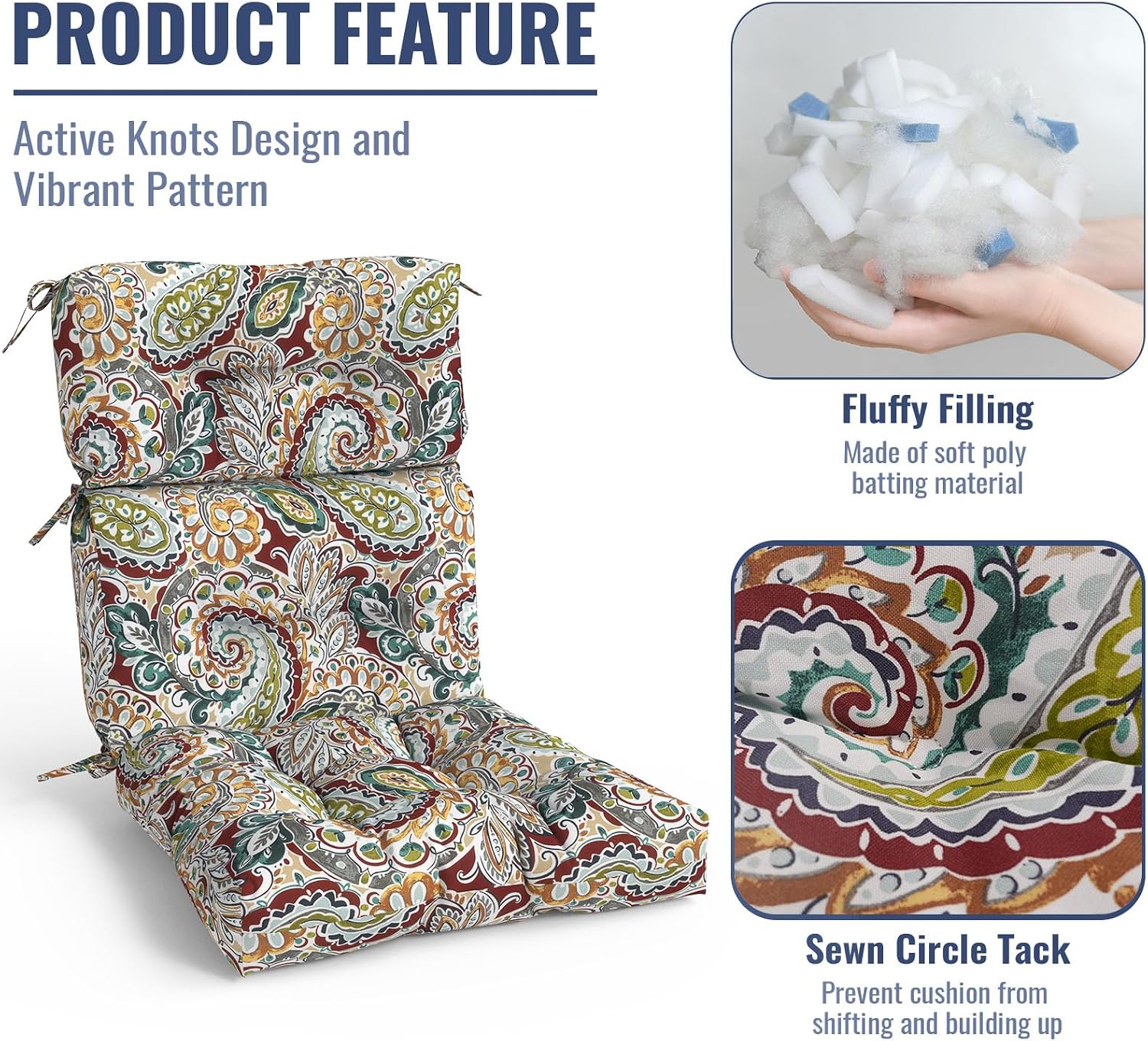 Outdoor High Back Patio Chair Cushions, Fade Resistant & Waterproof Tufted Seat and Back Cushions for Patio Furniture, Patio Chair Cushions 44x22 Inch, Set of 2, Paisley Chilli
