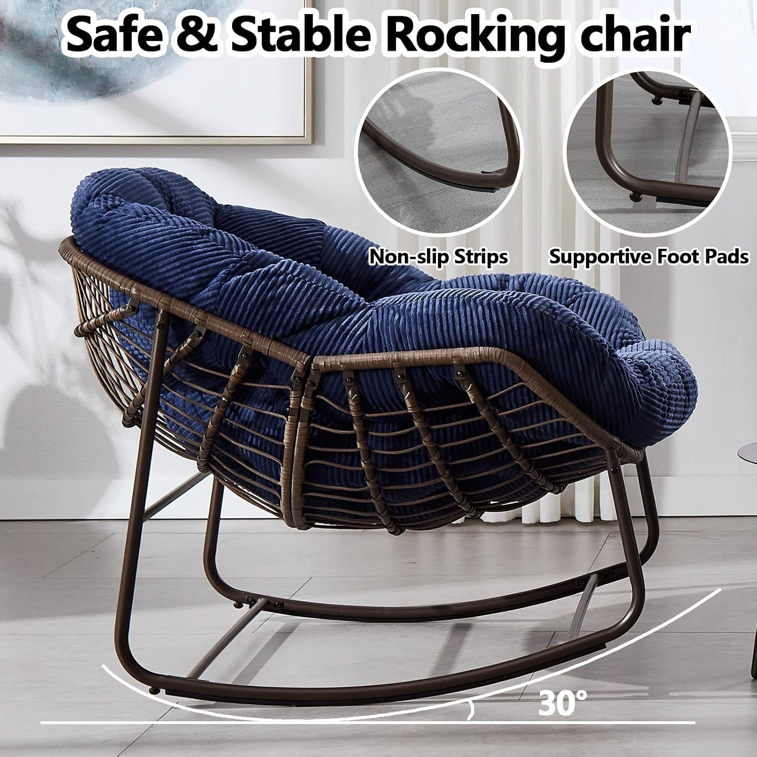 37' Papasan Rocking Chair with Cushion and Steel Frame, Oversized Outdoor Egg Rocking Chair, Rattan Circle Chairs for Grand Patio and Garden (Navy Blue+Curdoroy)
