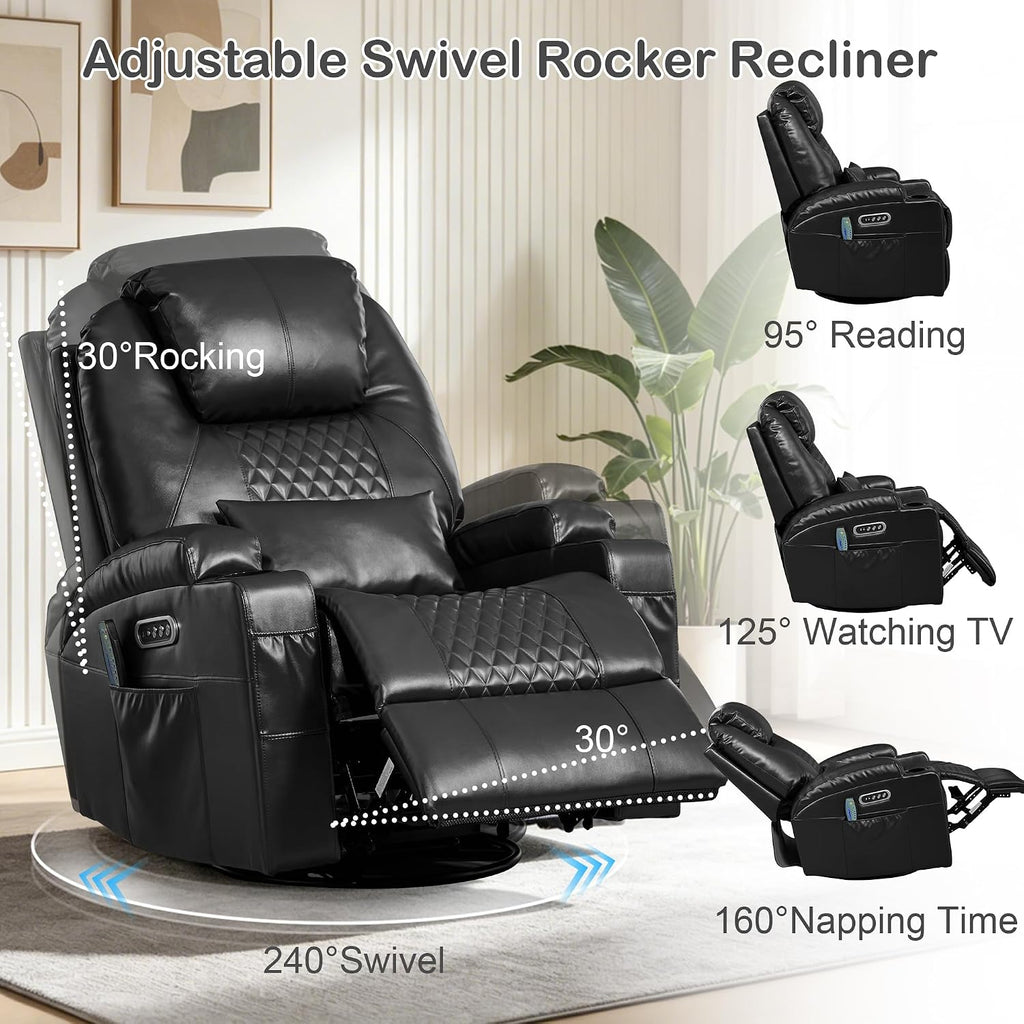 Power Swivel Rocker Recliner with Dual Motor, 240° Electric Glider Recliner with Heat & Massage, Rocking Chair Theater Seating with LED/Lumbar Pillow/USB Port/Cup Holders（Faux Leather Black, 1）