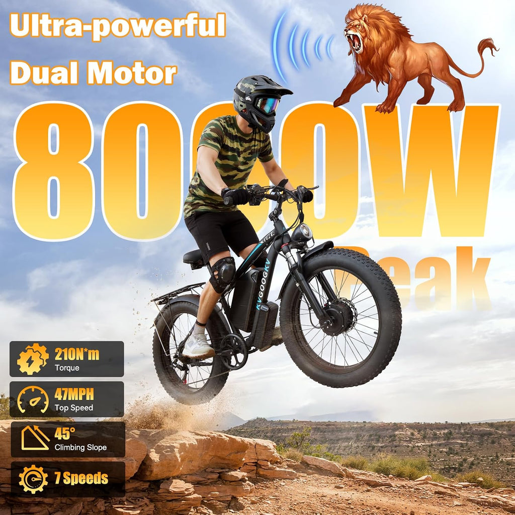 8000W Dual Motor Ebike for Adults,58V Max 34Ah Fast Electric Bike to 42-47MPH,1856Wh Battery Up to 105 Miles,24' Fat Tire Lockable Suspension Electric Bicycle for Snow Off-Road Mountain