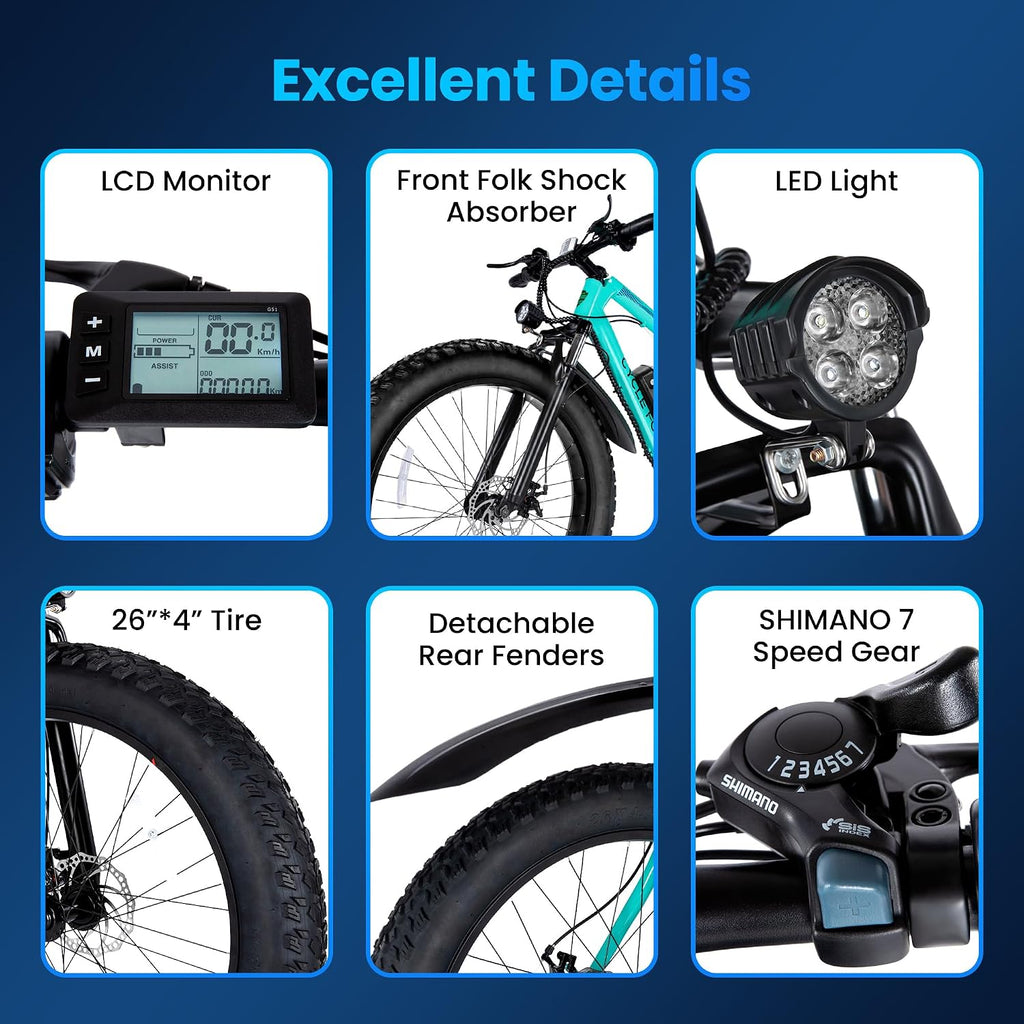 Electric Mountain Bike for Adults, 1500W Peak 72Miles + 28 MPH, 26'x4' All-Terrain Fat Tire E Bike with Removable Battery, 7 Speed Front Suspension, Dual Brake, LCD & Horn(TUV & UL2849)